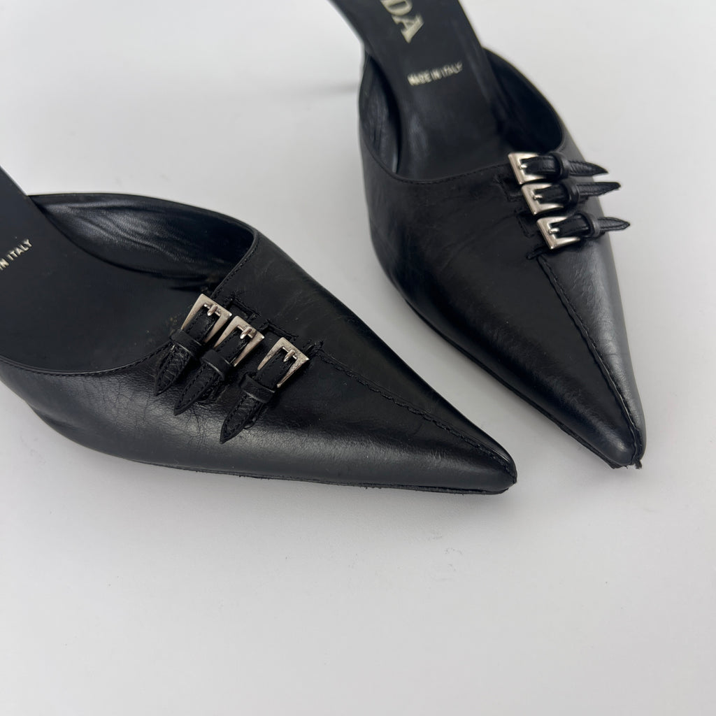 Prada | Vintage Black Leather Silver Buckle Pointed Toe Kitten Heel Mule (35.5)