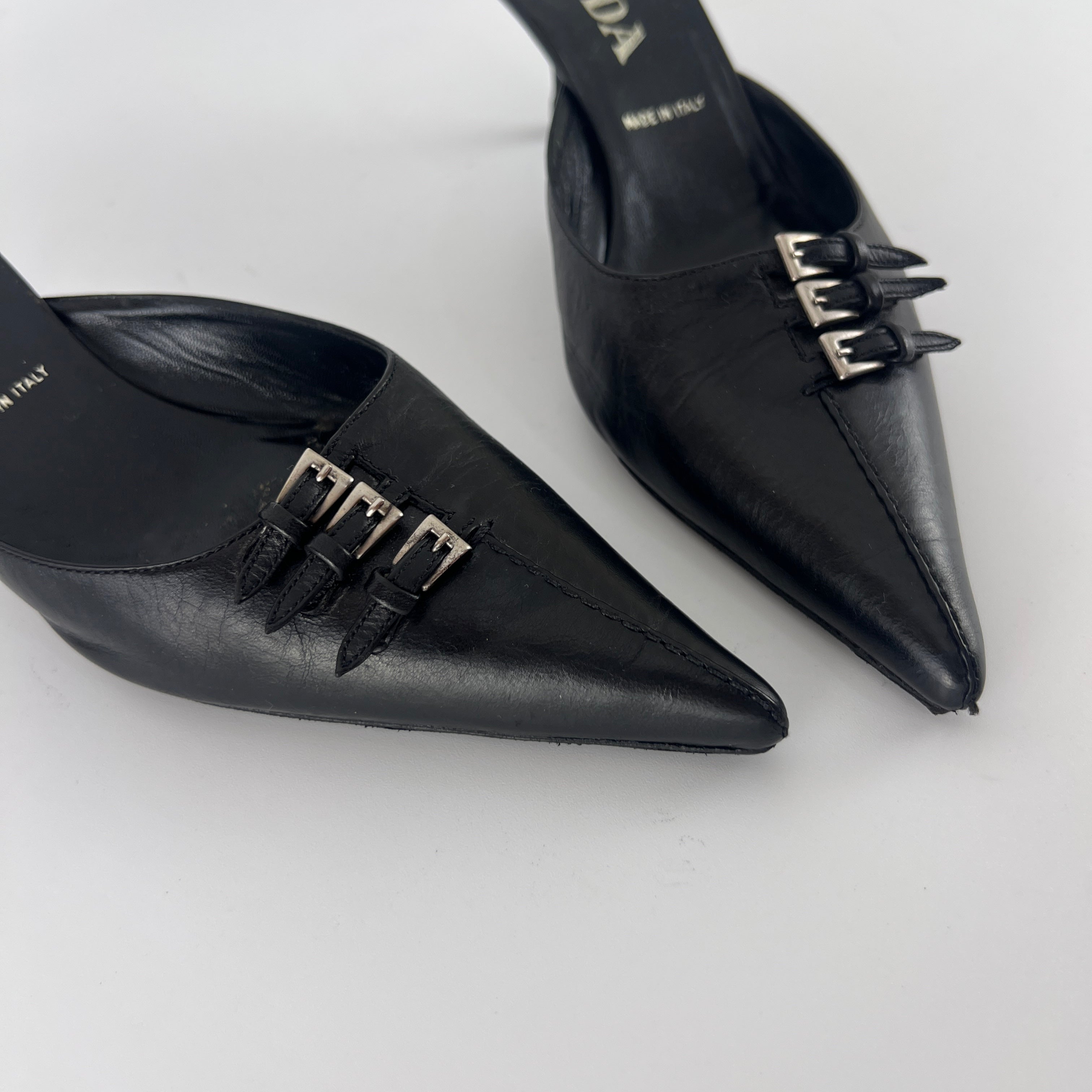 Prada | Vintage Black Leather Silver Buckle Pointed Toe Kitten Heel Mule (35.5)
