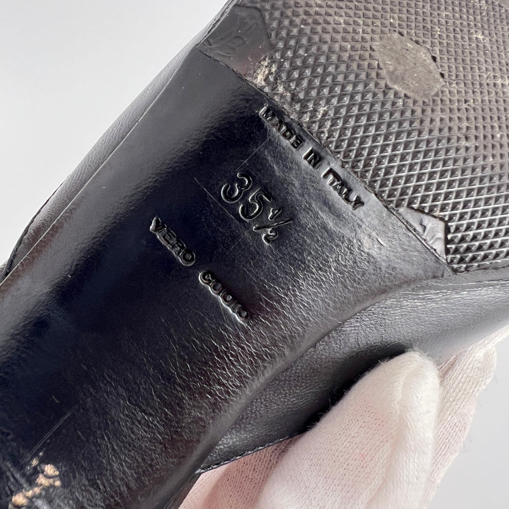 Prada | Vintage Black Leather Silver Buckle Pointed Toe Kitten Heel Mule (35.5)