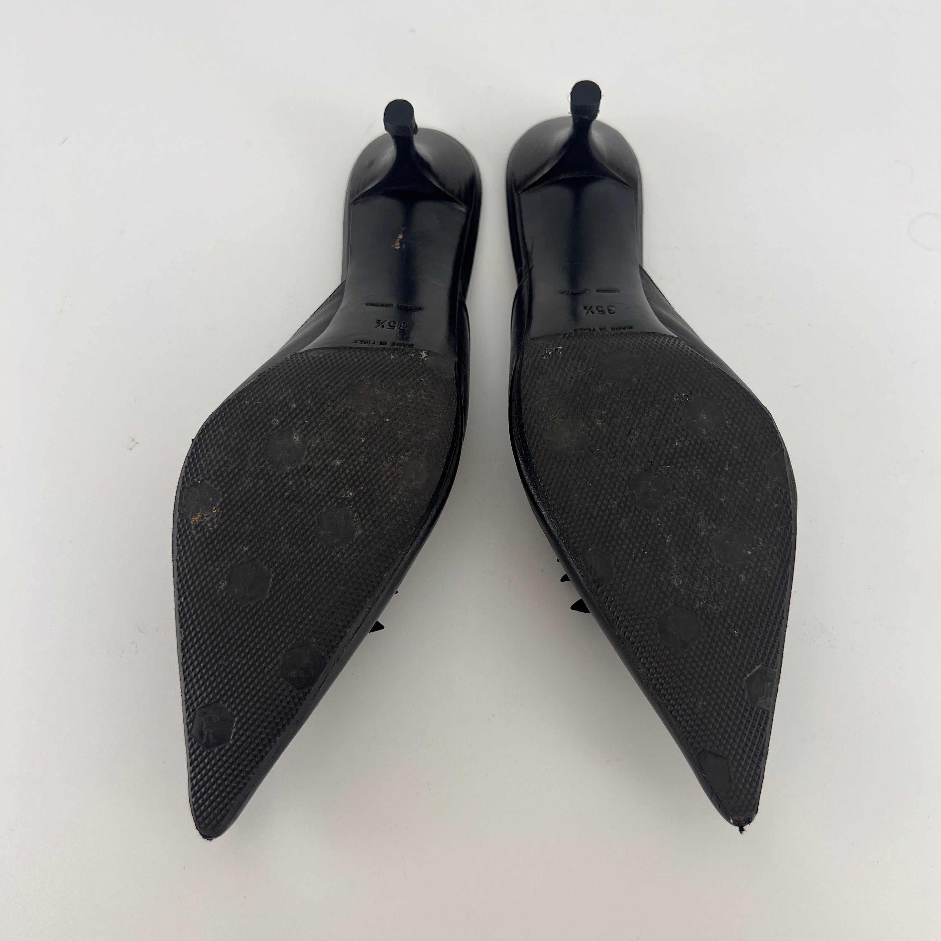 Prada | Vintage Black Leather Silver Buckle Pointed Toe Kitten Heel Mule (35.5)
