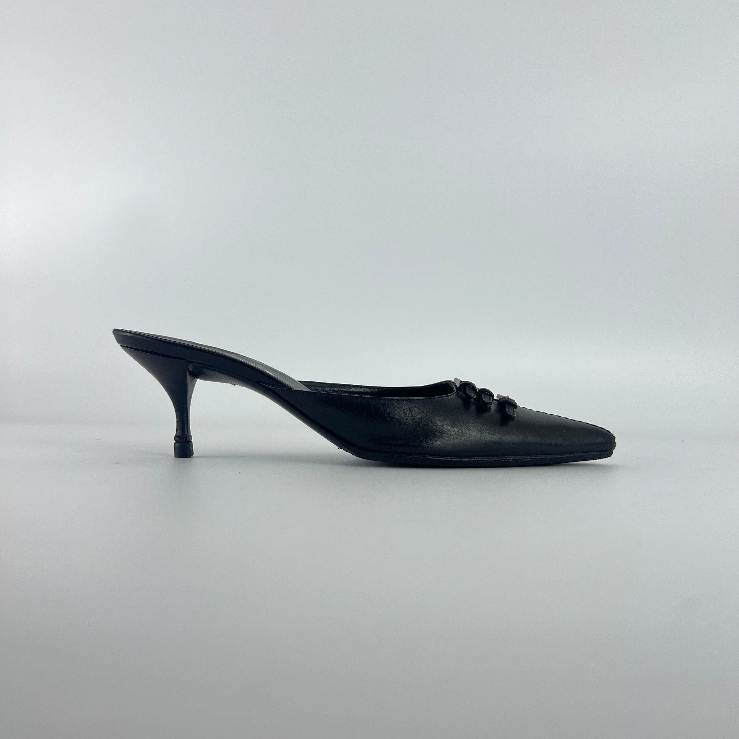Prada | Vintage Black Leather Silver Buckle Pointed Toe Kitten Heel Mule (35.5)