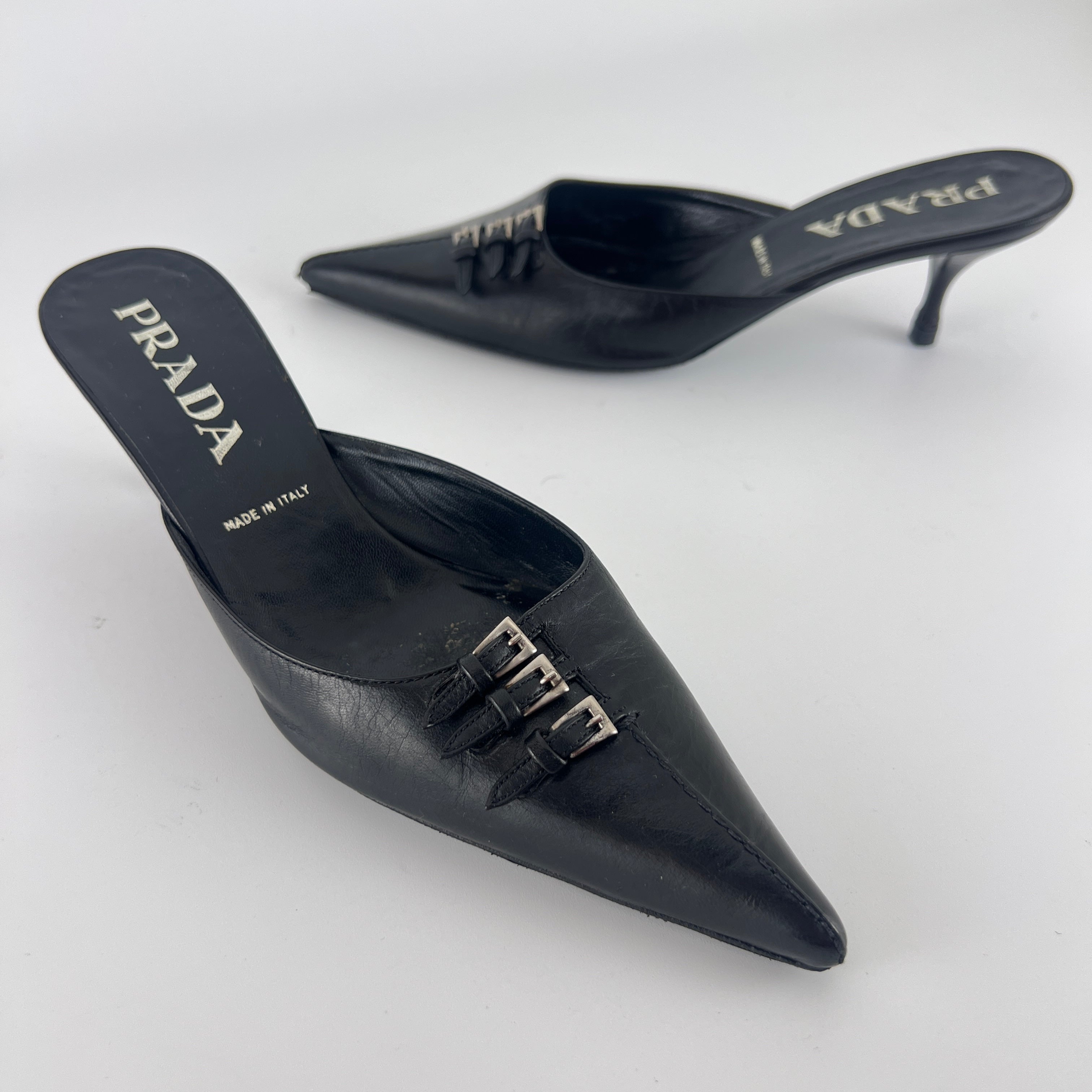 Prada | Vintage Black Leather Silver Buckle Pointed Toe Kitten Heel Mule (35.5)