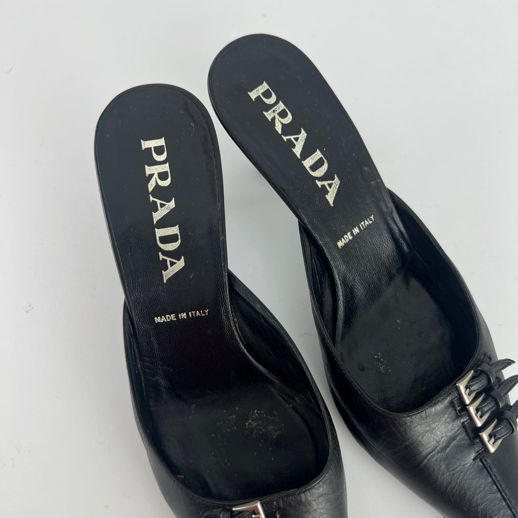 Prada | Vintage Black Leather Silver Buckle Pointed Toe Kitten Heel Mule (35.5)