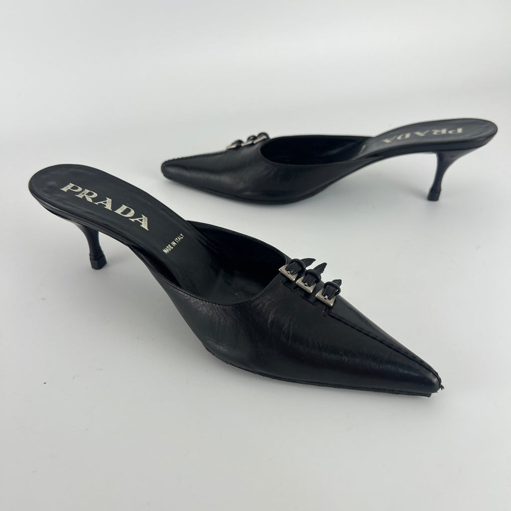 Prada | Vintage Black Leather Silver Buckle Pointed Toe Kitten Heel Mule (35.5)