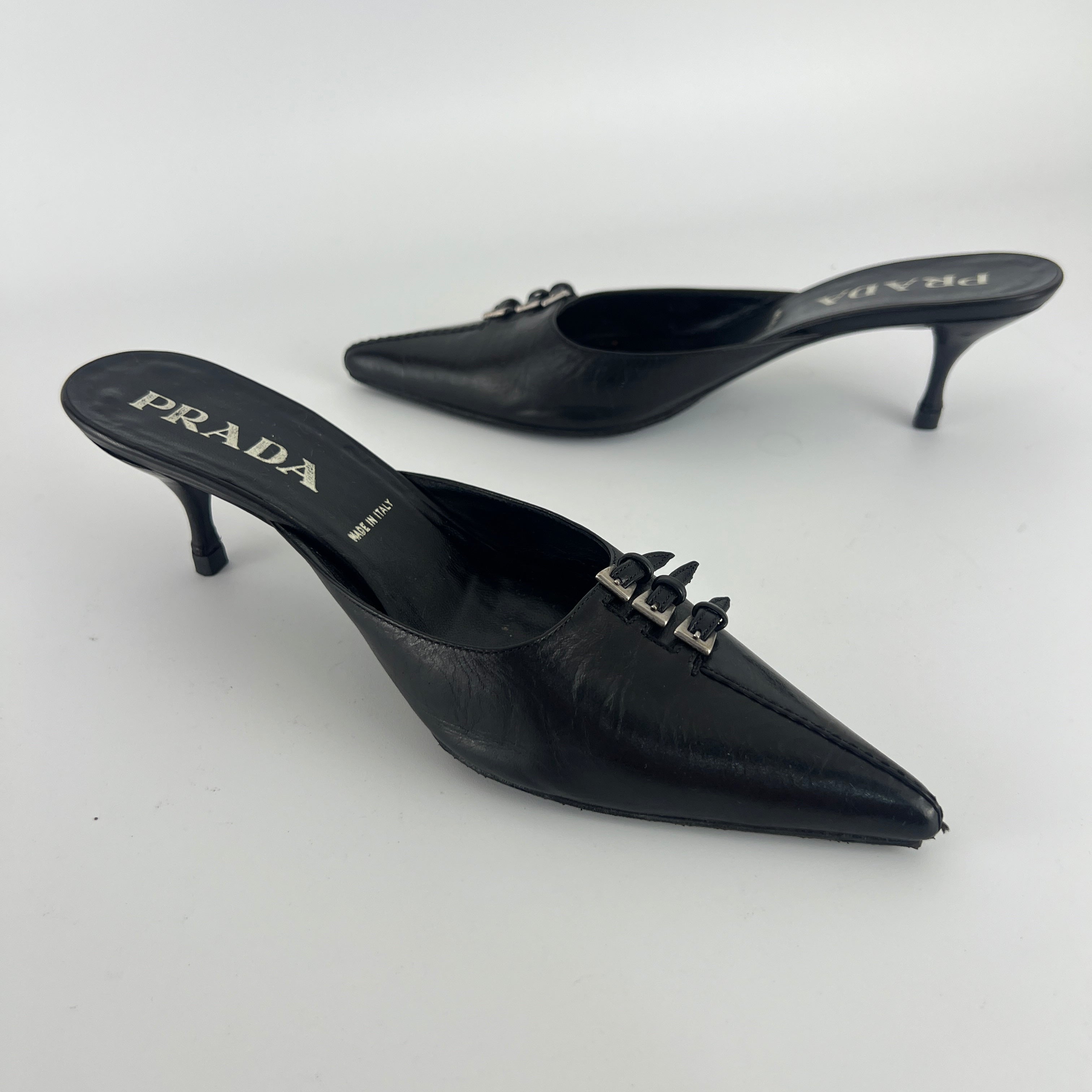 Prada | Vintage Black Leather Silver Buckle Pointed Toe Kitten Heel Mule (35.5)
