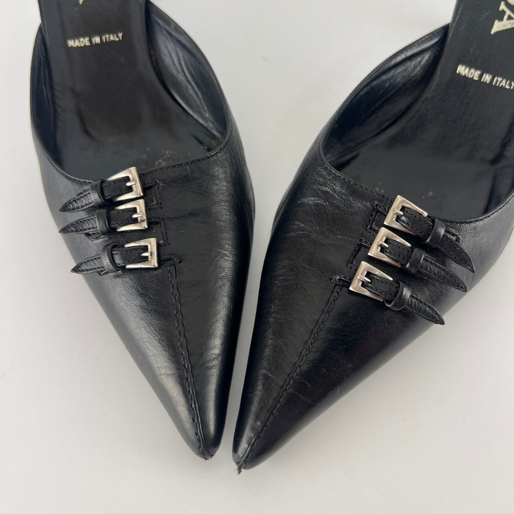 Prada | Vintage Black Leather Silver Buckle Pointed Toe Kitten Heel Mule (35.5)