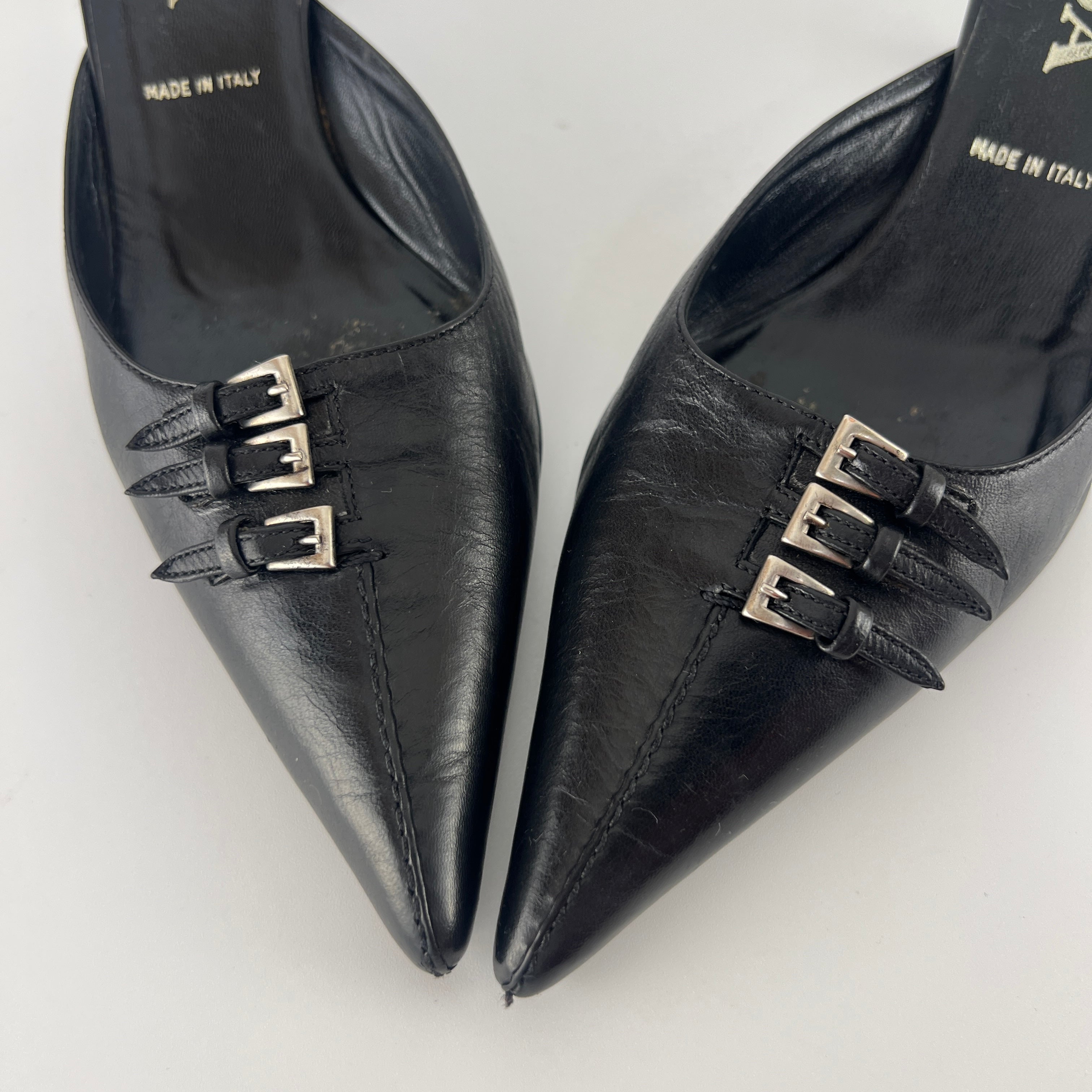 Prada | Vintage Black Leather Silver Buckle Pointed Toe Kitten Heel Mule (35.5)