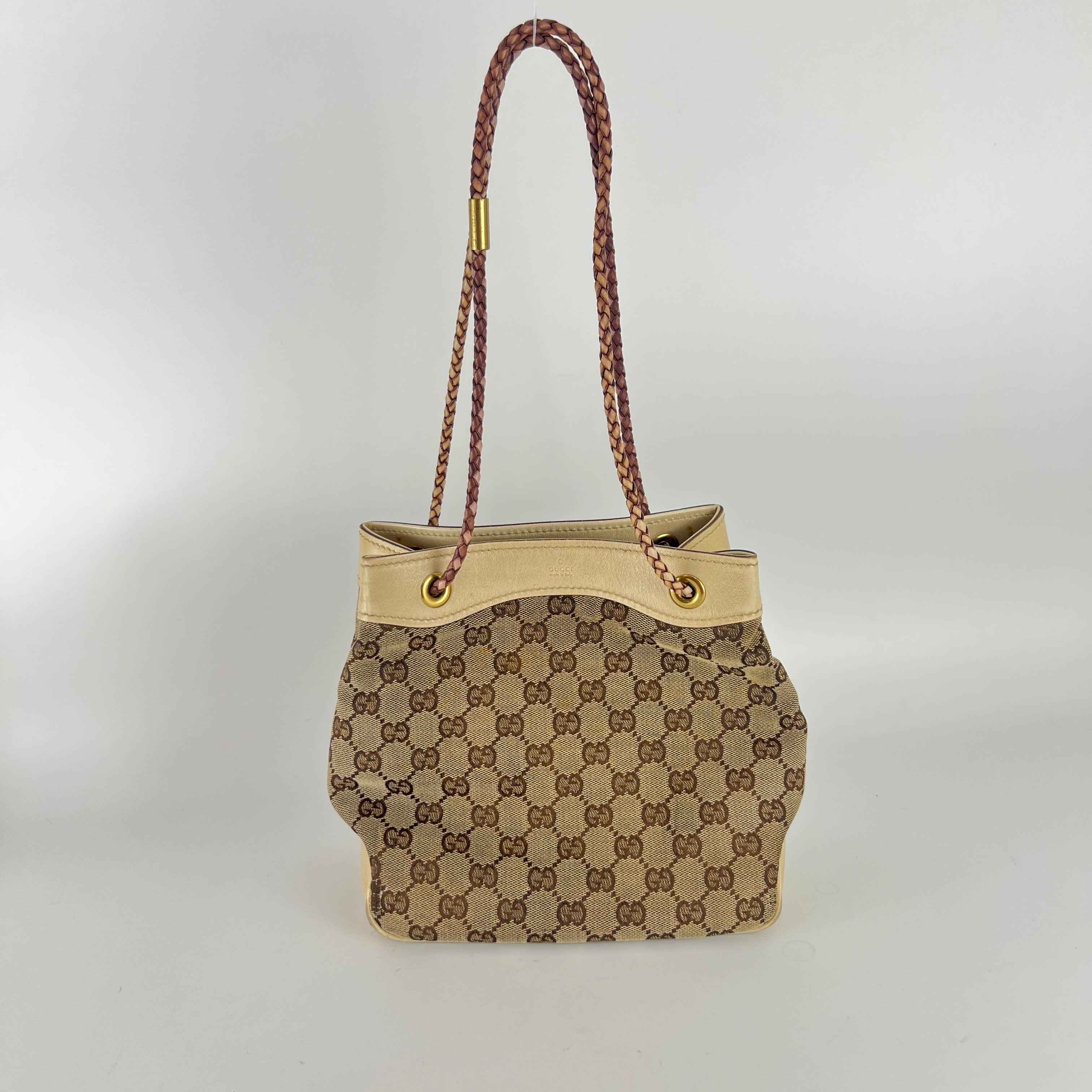 Gucci | Tom Ford Era Vintage GG Monogram Beige Canvas Leather Braid Bucket Bag