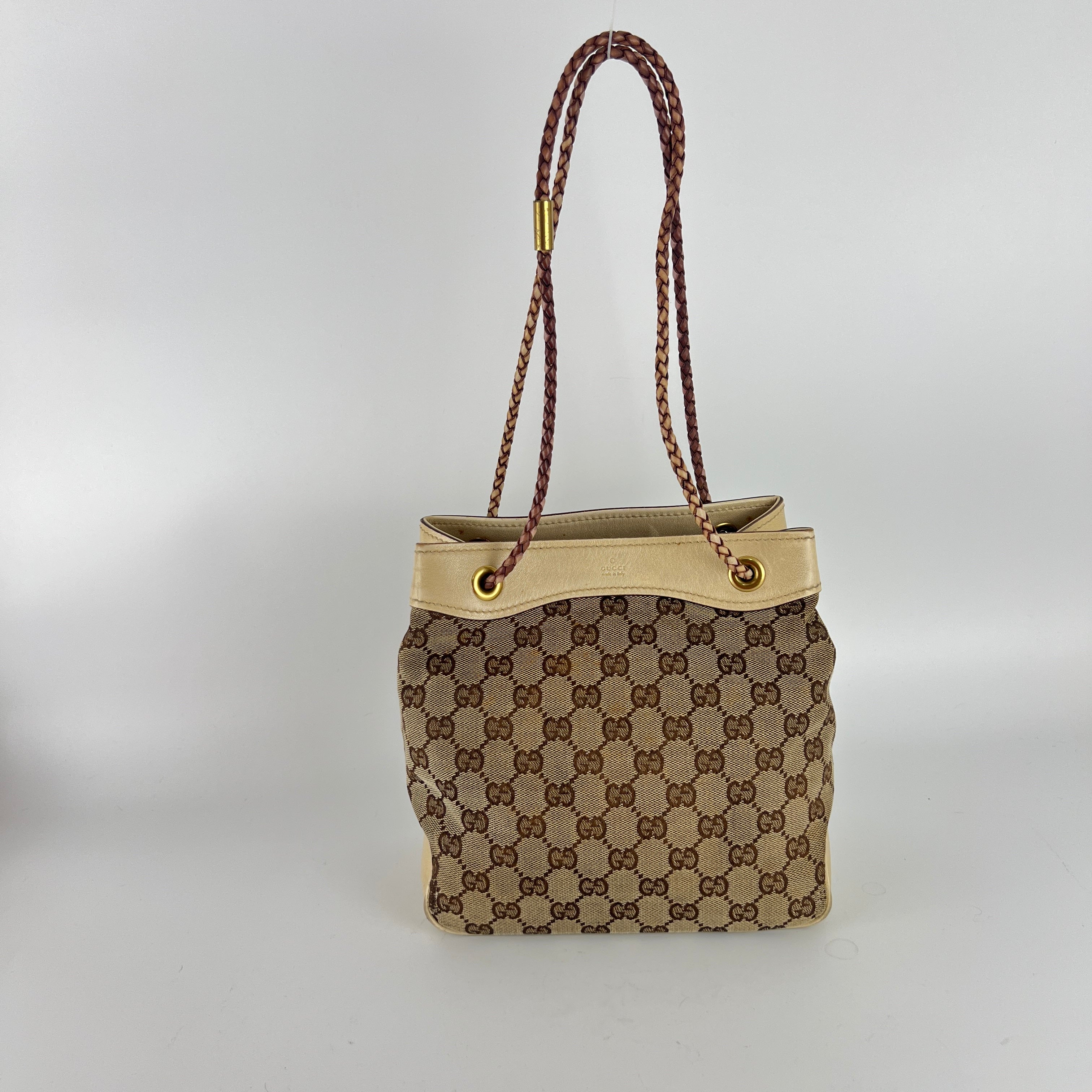 Gucci | Tom Ford Era Vintage GG Monogram Beige Canvas Leather Braid Bucket Bag