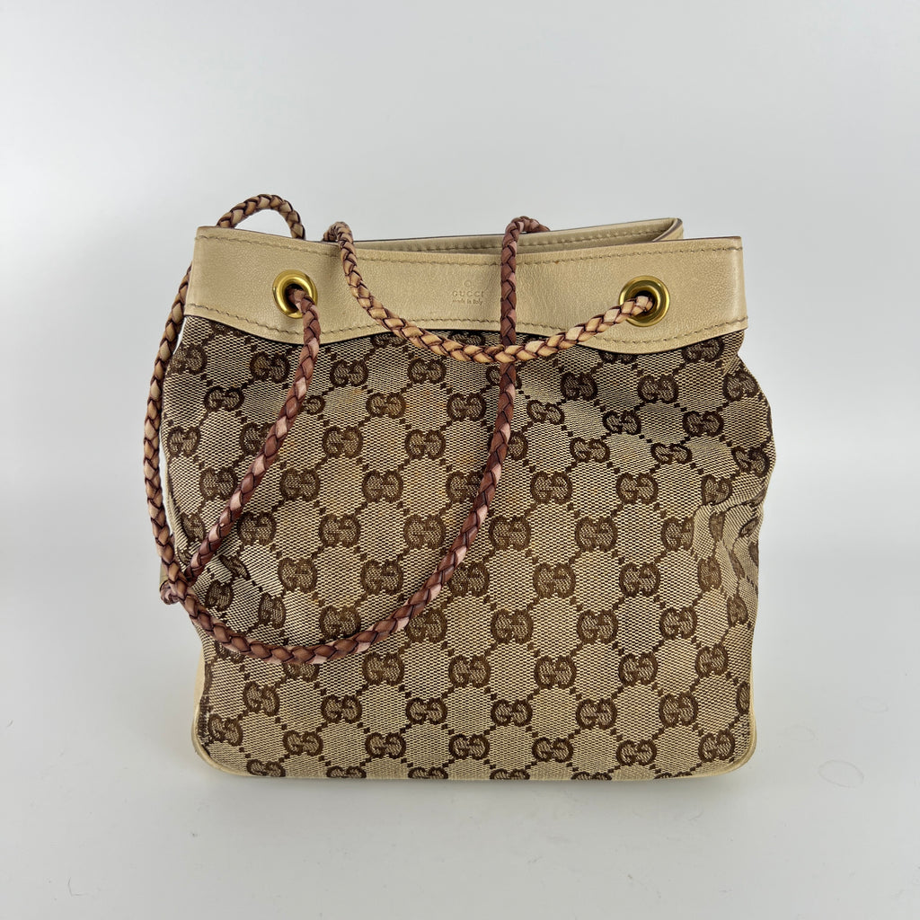 Gucci | Tom Ford Era Vintage GG Monogram Beige Canvas Leather Braid Bucket Bag