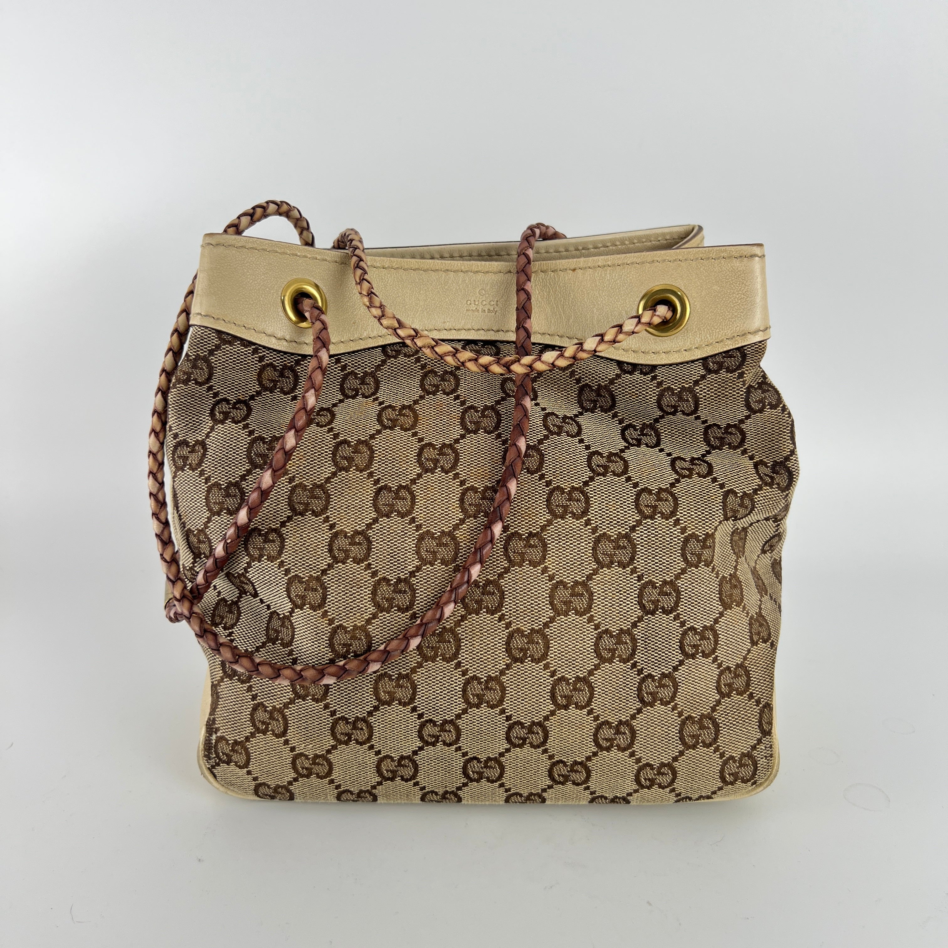Gucci | Tom Ford Era Vintage GG Monogram Beige Canvas Leather Braid Bucket Bag
