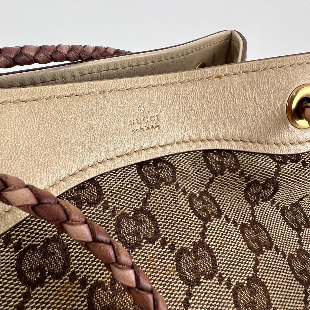 Gucci | Tom Ford Era Vintage GG Monogram Beige Canvas Leather Braid Bucket Bag
