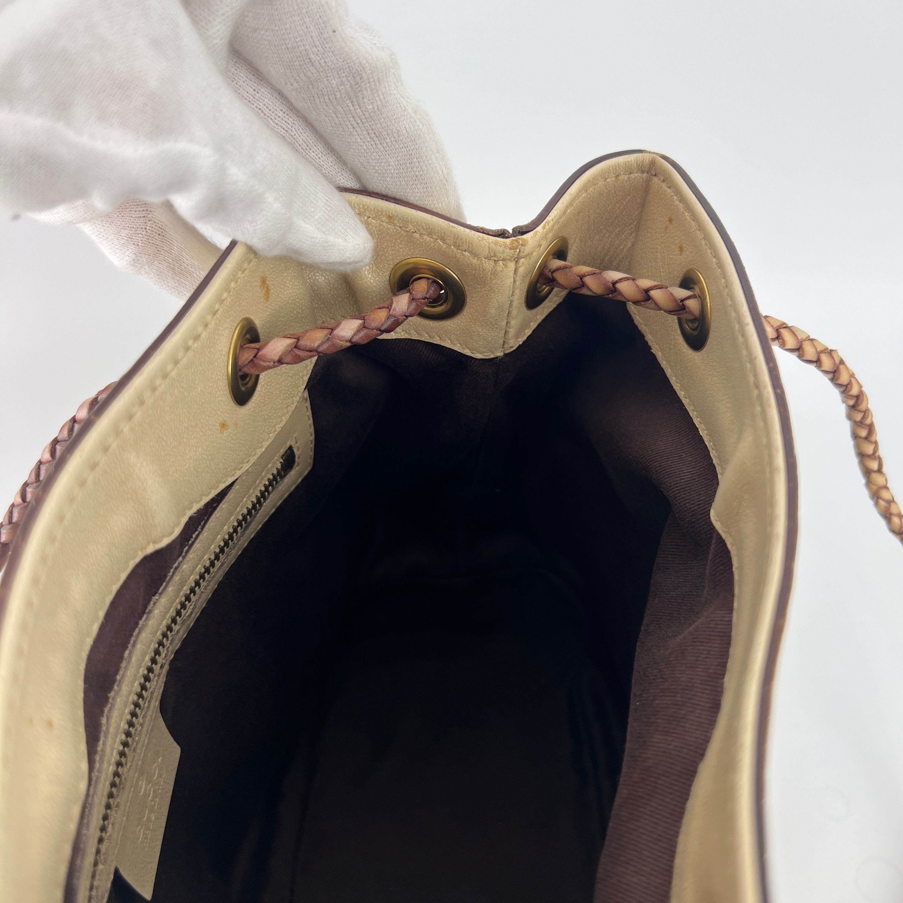 Gucci | Tom Ford Era Vintage GG Monogram Beige Canvas Leather Braid Bucket Bag