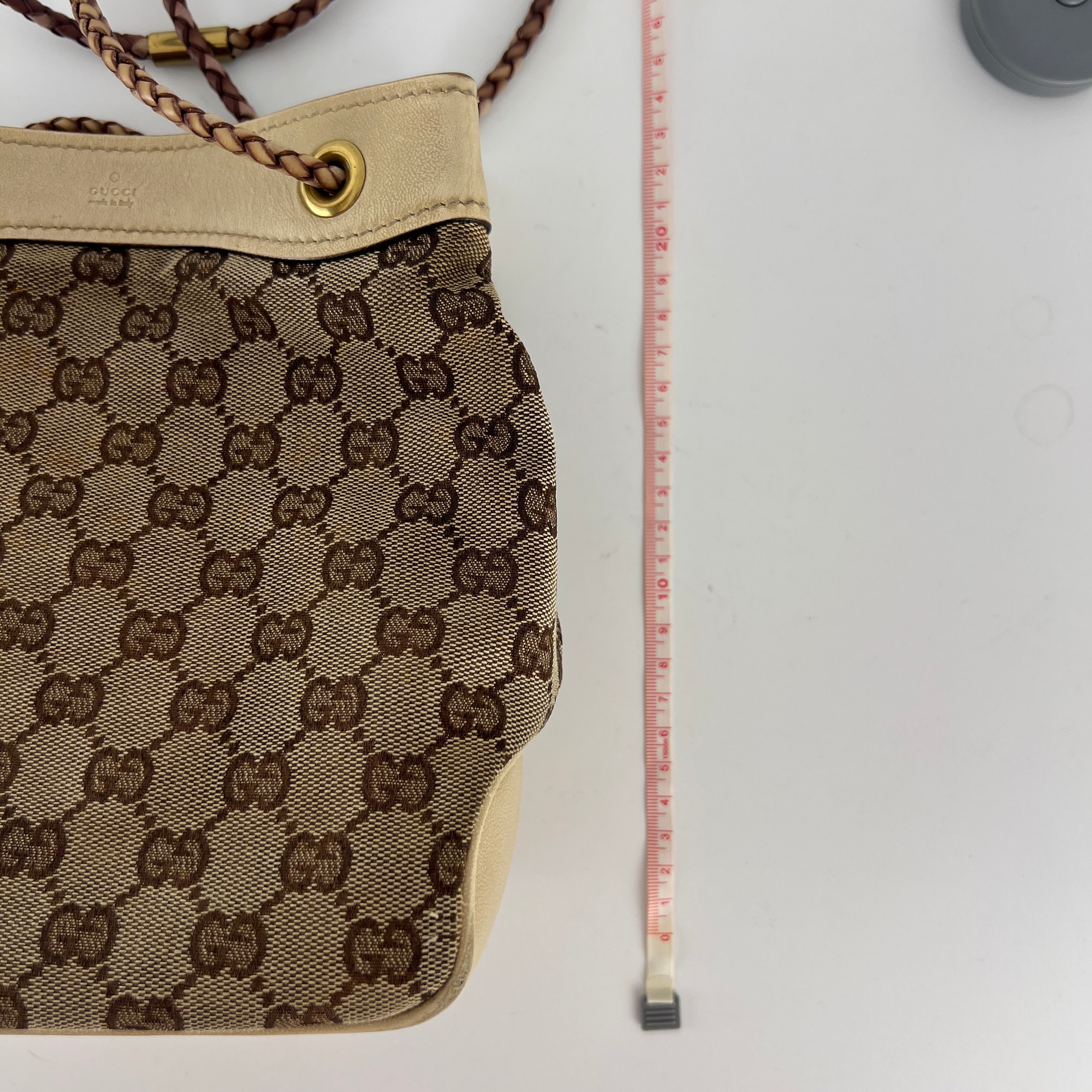 Gucci | Tom Ford Era Vintage GG Monogram Beige Canvas Leather Braid Bucket Bag