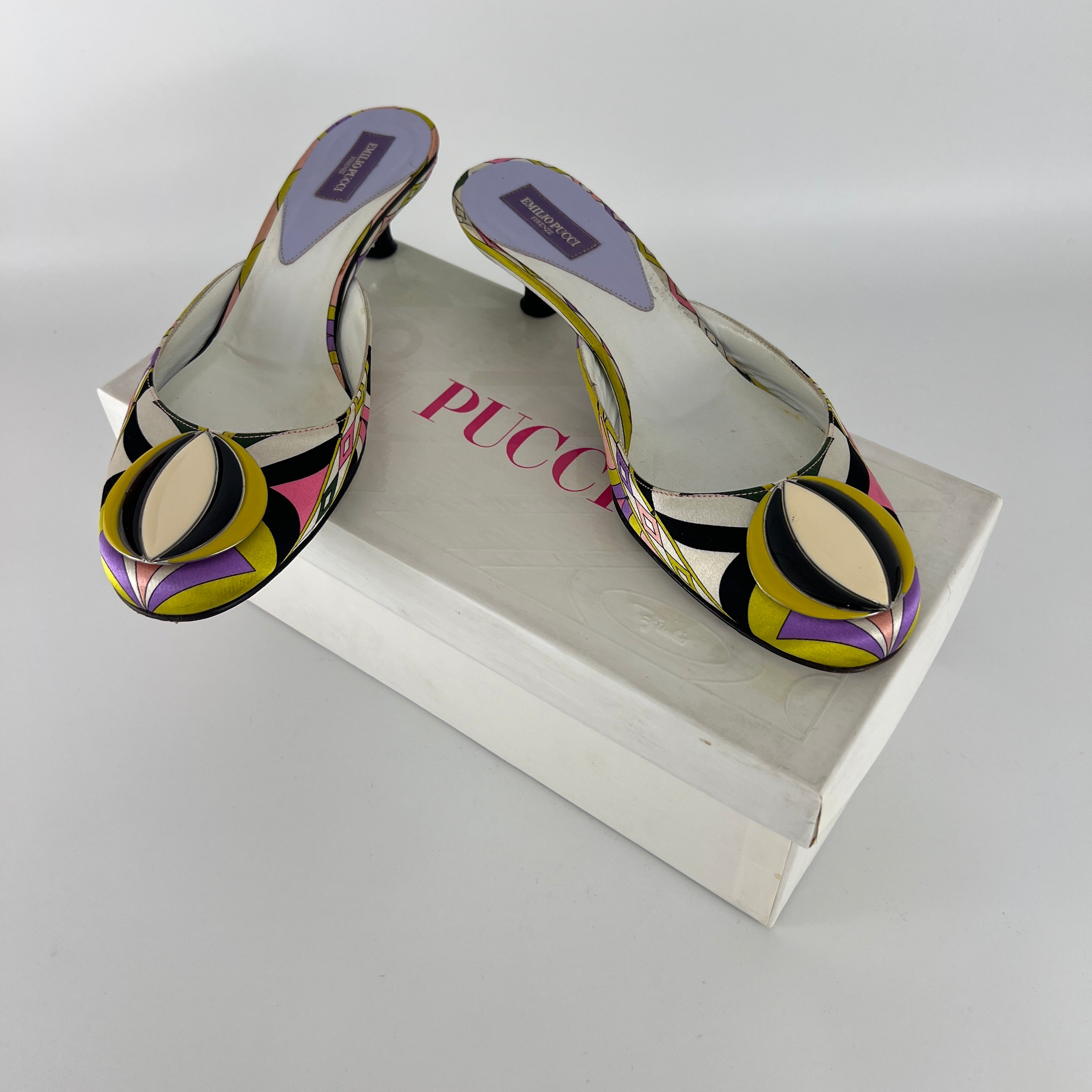 Pucci | Vintage Sphere Hardware Multicolor Yellow Purple Pink Kitten Heel Mules (36)