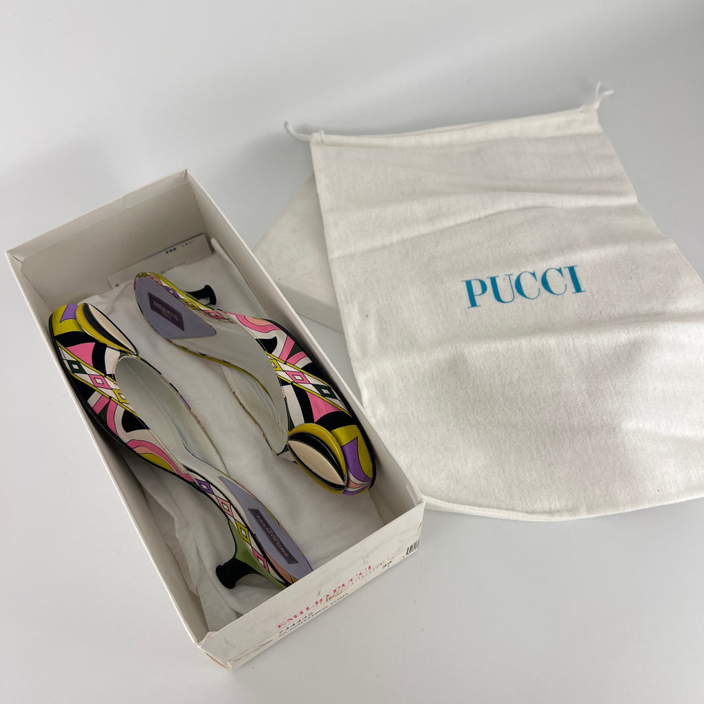 Pucci | Vintage Sphere Hardware Multicolor Yellow Purple Pink Kitten Heel Mules (36)