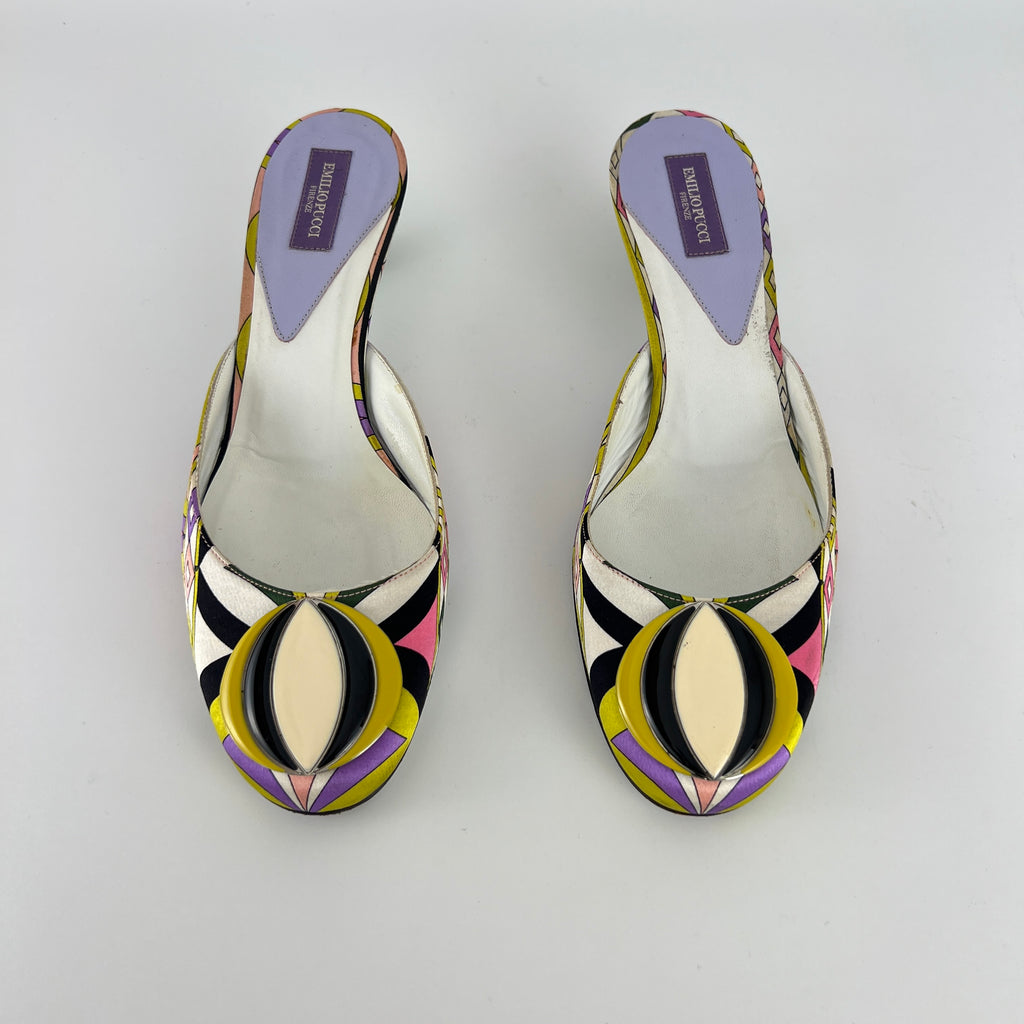 Pucci | Vintage Sphere Hardware Multicolor Yellow Purple Pink Kitten Heel Mules (36)