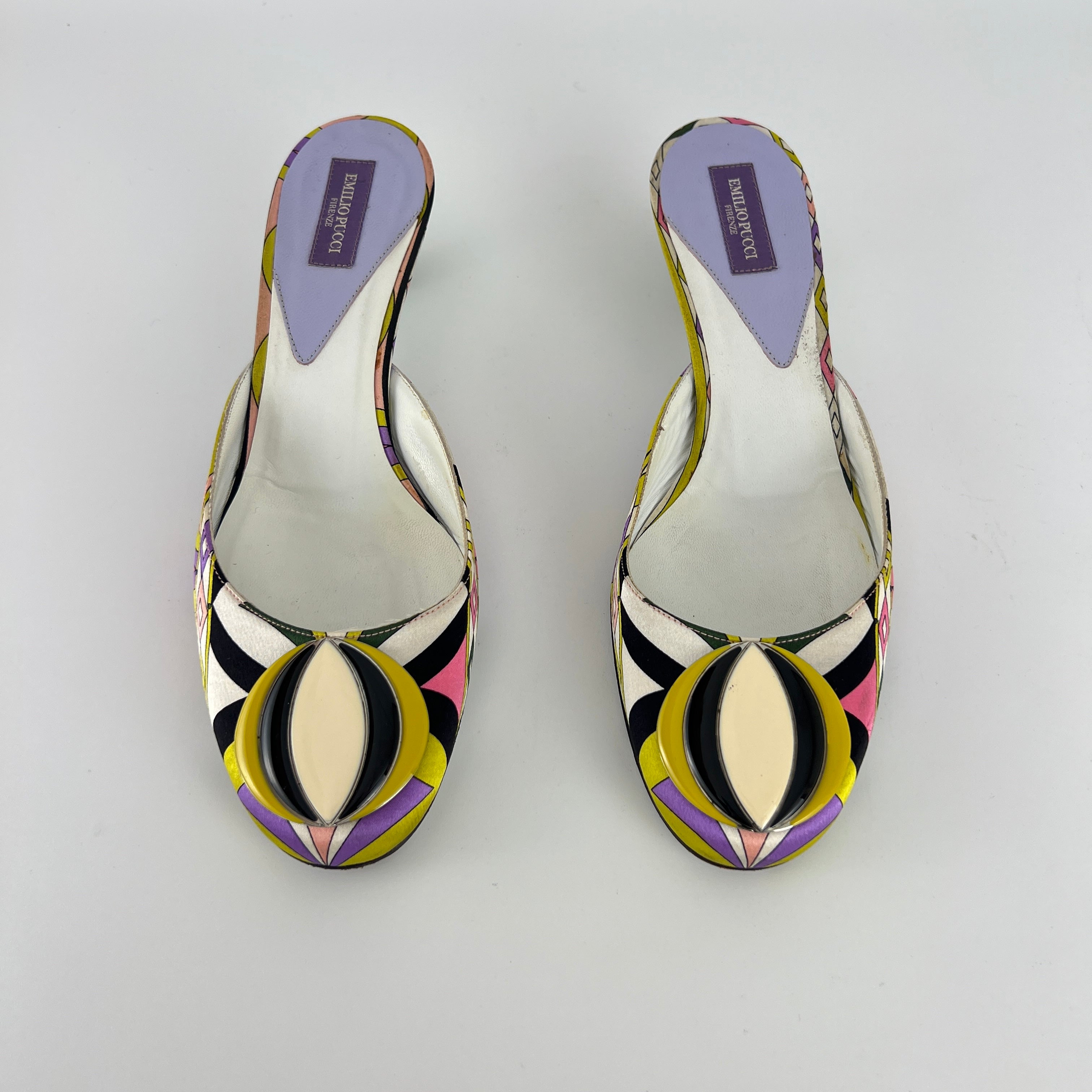 Pucci | Vintage Sphere Hardware Multicolor Yellow Purple Pink Kitten Heel Mules (36)