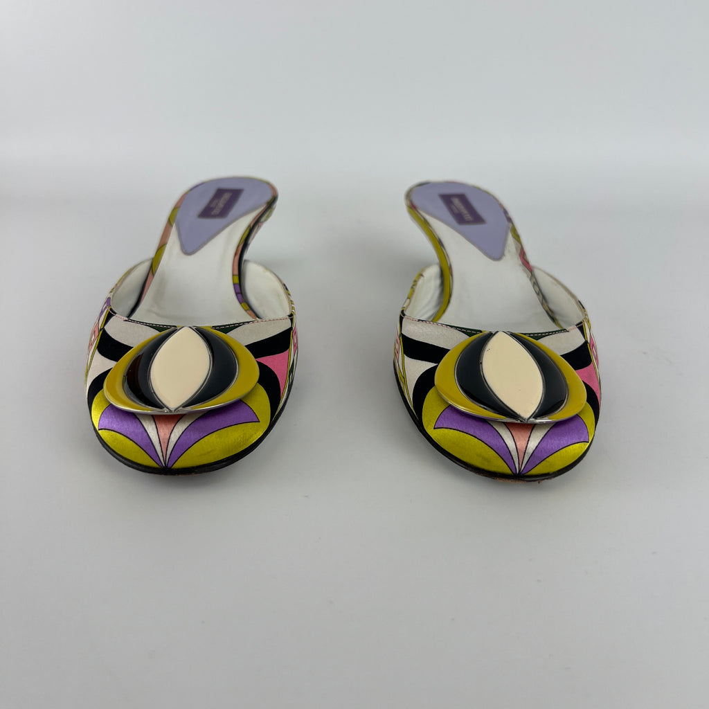 Pucci | Vintage Sphere Hardware Multicolor Yellow Purple Pink Kitten Heel Mules (36)