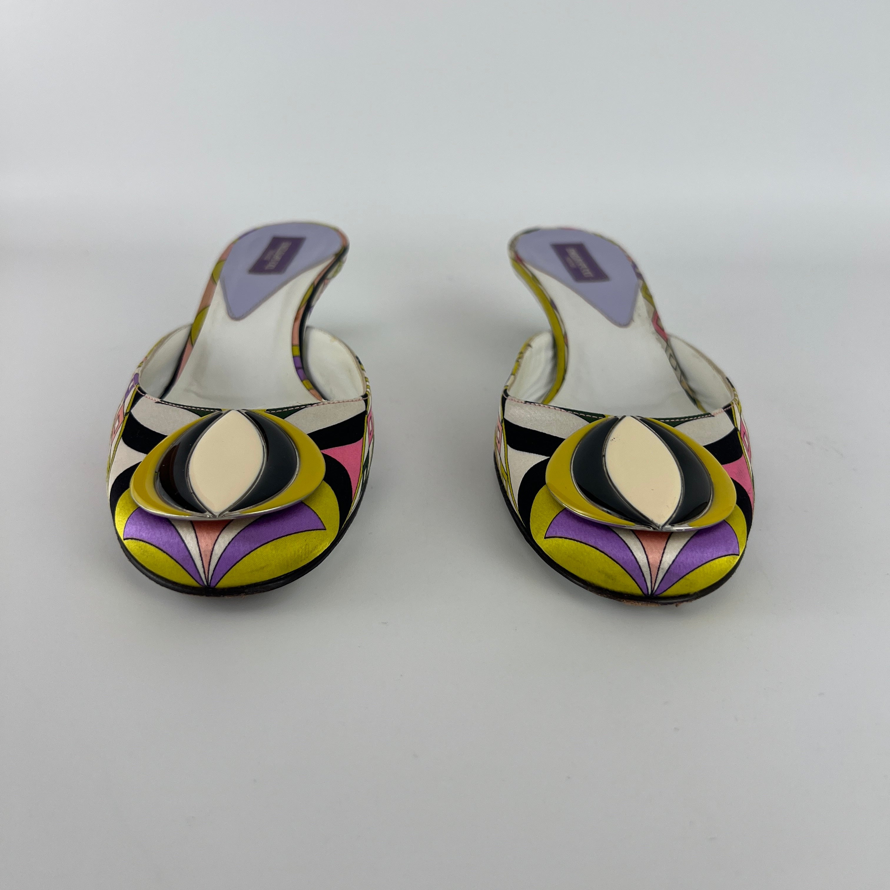 Pucci | Vintage Sphere Hardware Multicolor Yellow Purple Pink Kitten Heel Mules (36)