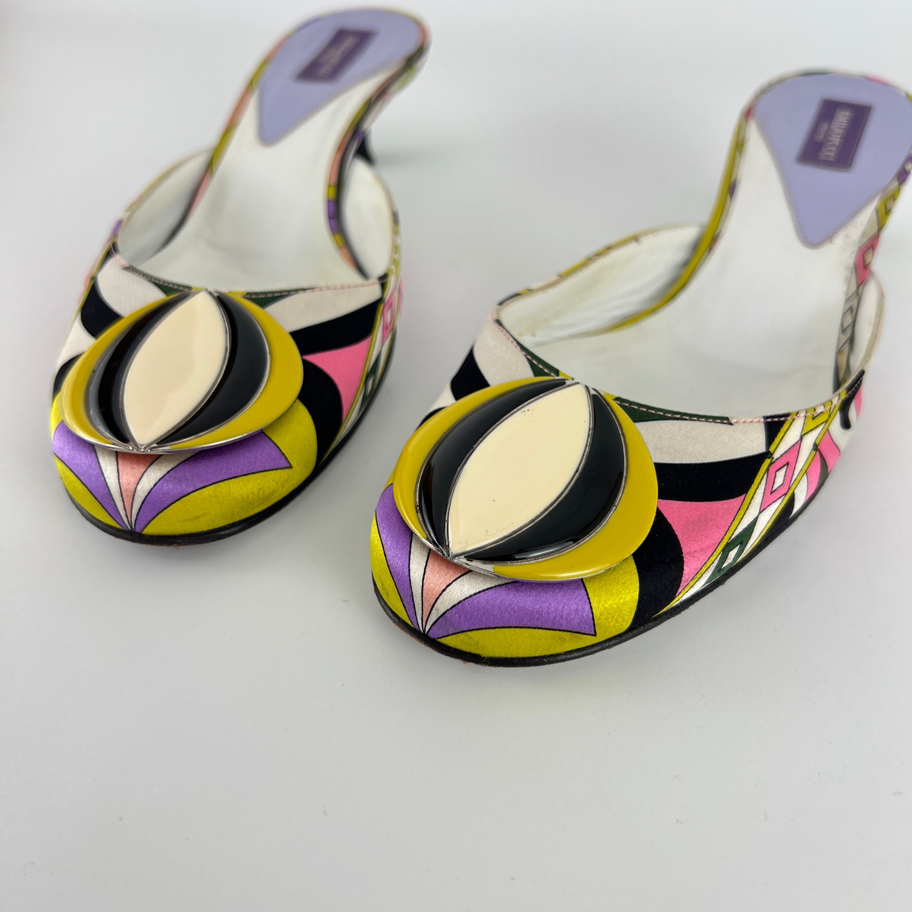 Pucci | Vintage Sphere Hardware Multicolor Yellow Purple Pink Kitten Heel Mules (36)