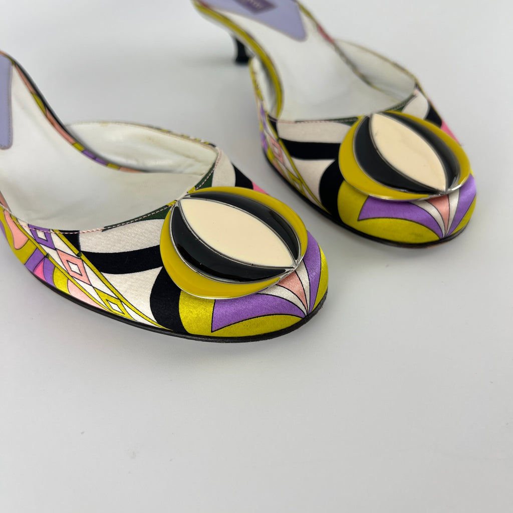 Pucci | Vintage Sphere Hardware Multicolor Yellow Purple Pink Kitten Heel Mules (36)