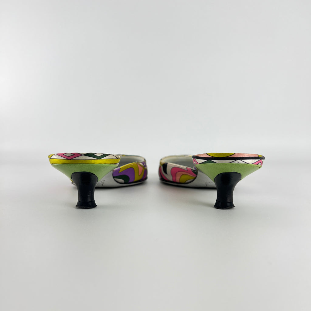 Pucci | Vintage Sphere Hardware Multicolor Yellow Purple Pink Kitten Heel Mules (36)