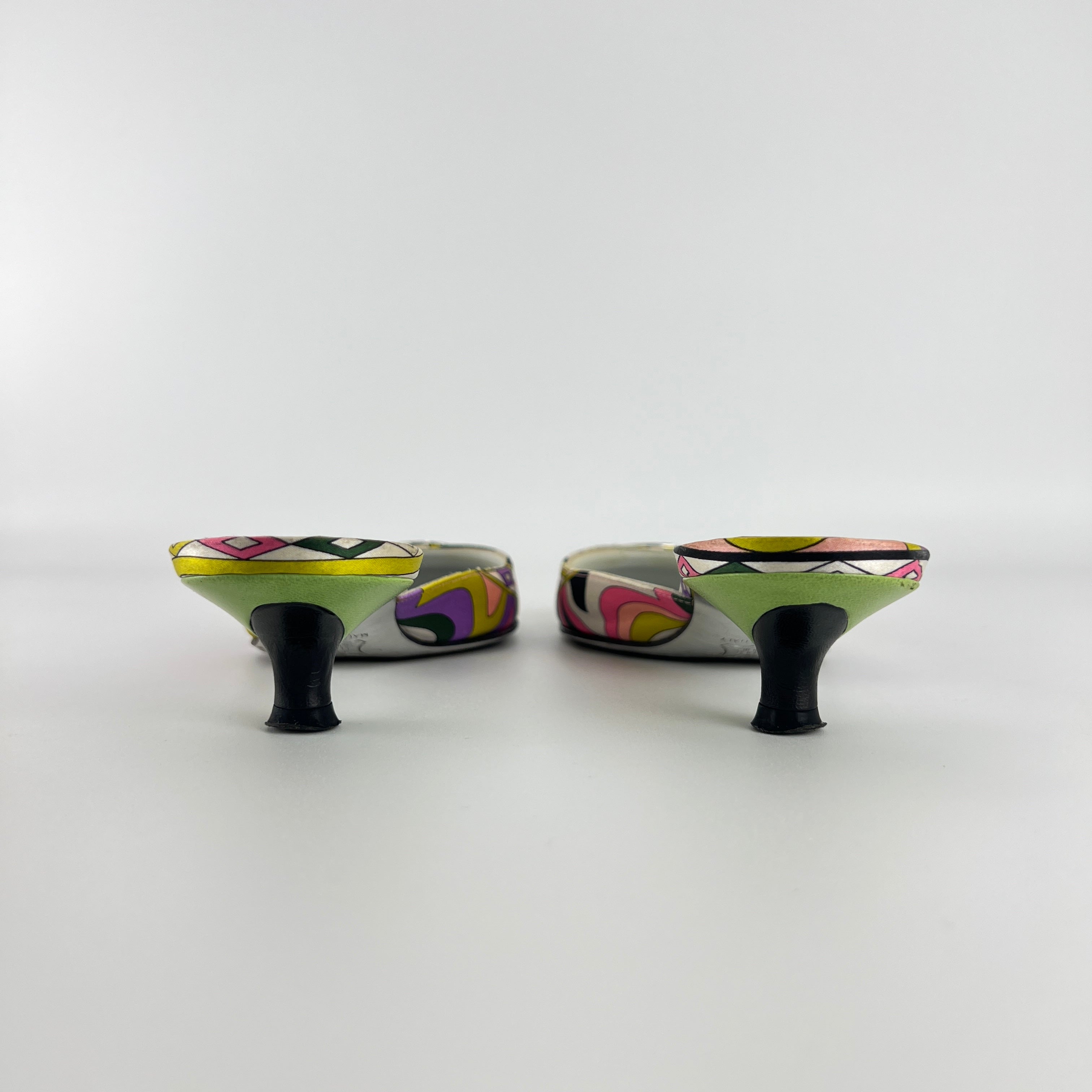Pucci | Vintage Sphere Hardware Multicolor Yellow Purple Pink Kitten Heel Mules (36)