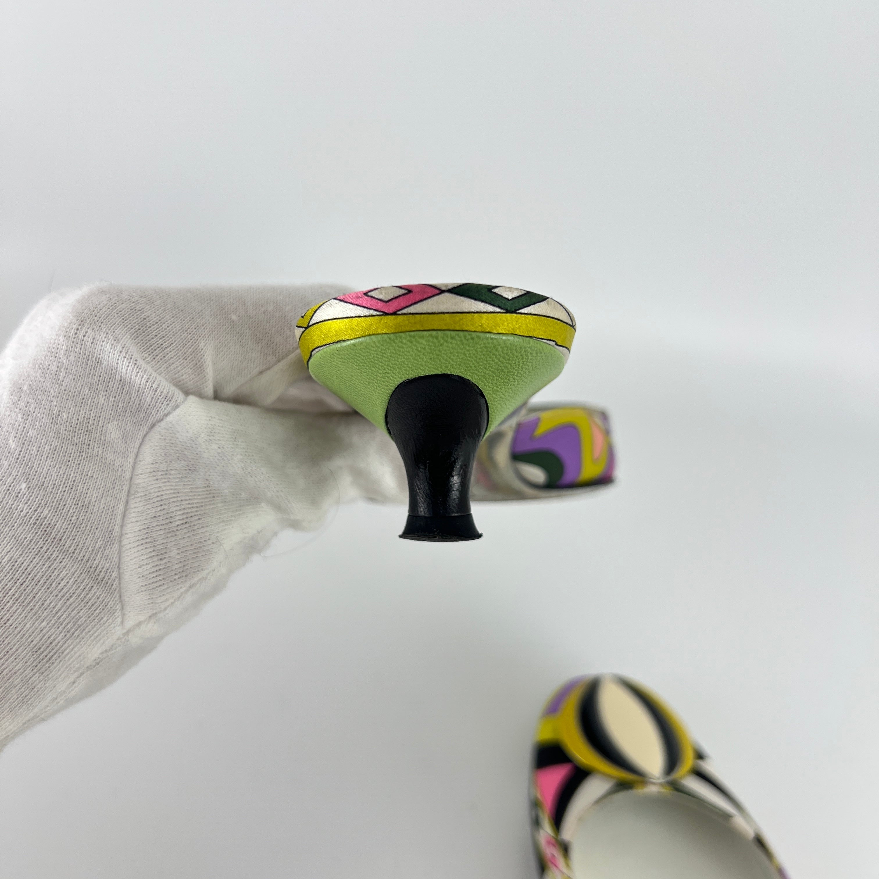 Pucci | Vintage Sphere Hardware Multicolor Yellow Purple Pink Kitten Heel Mules (36)