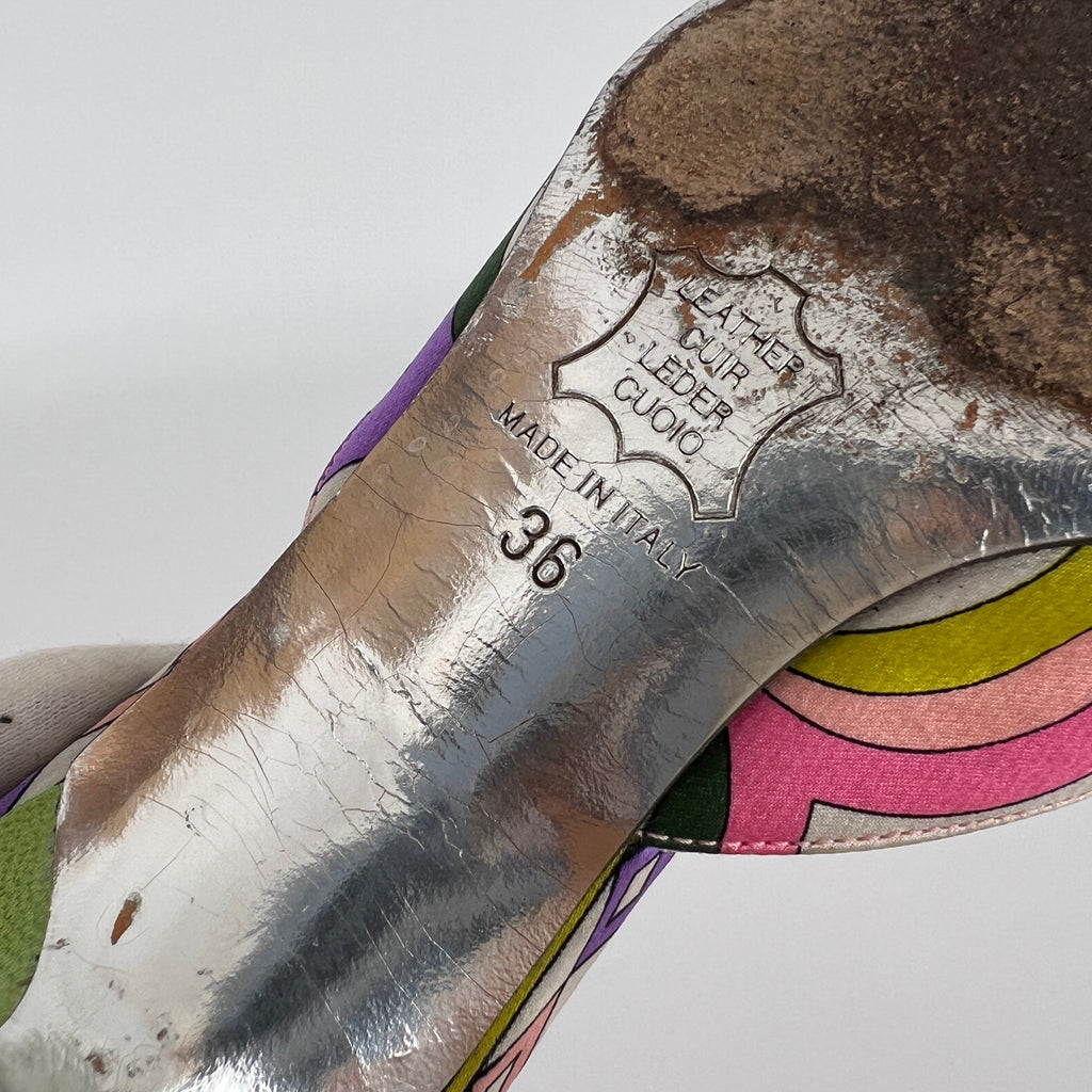 Pucci | Vintage Sphere Hardware Multicolor Yellow Purple Pink Kitten Heel Mules (36)