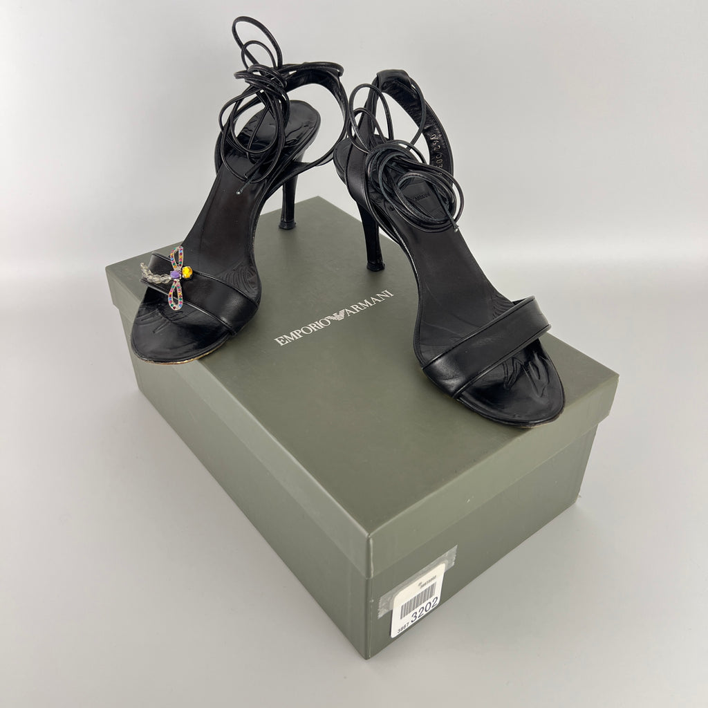Armani | Black Leather Dragonfly Gem Strappy Lace Up Sandal Heels (35)