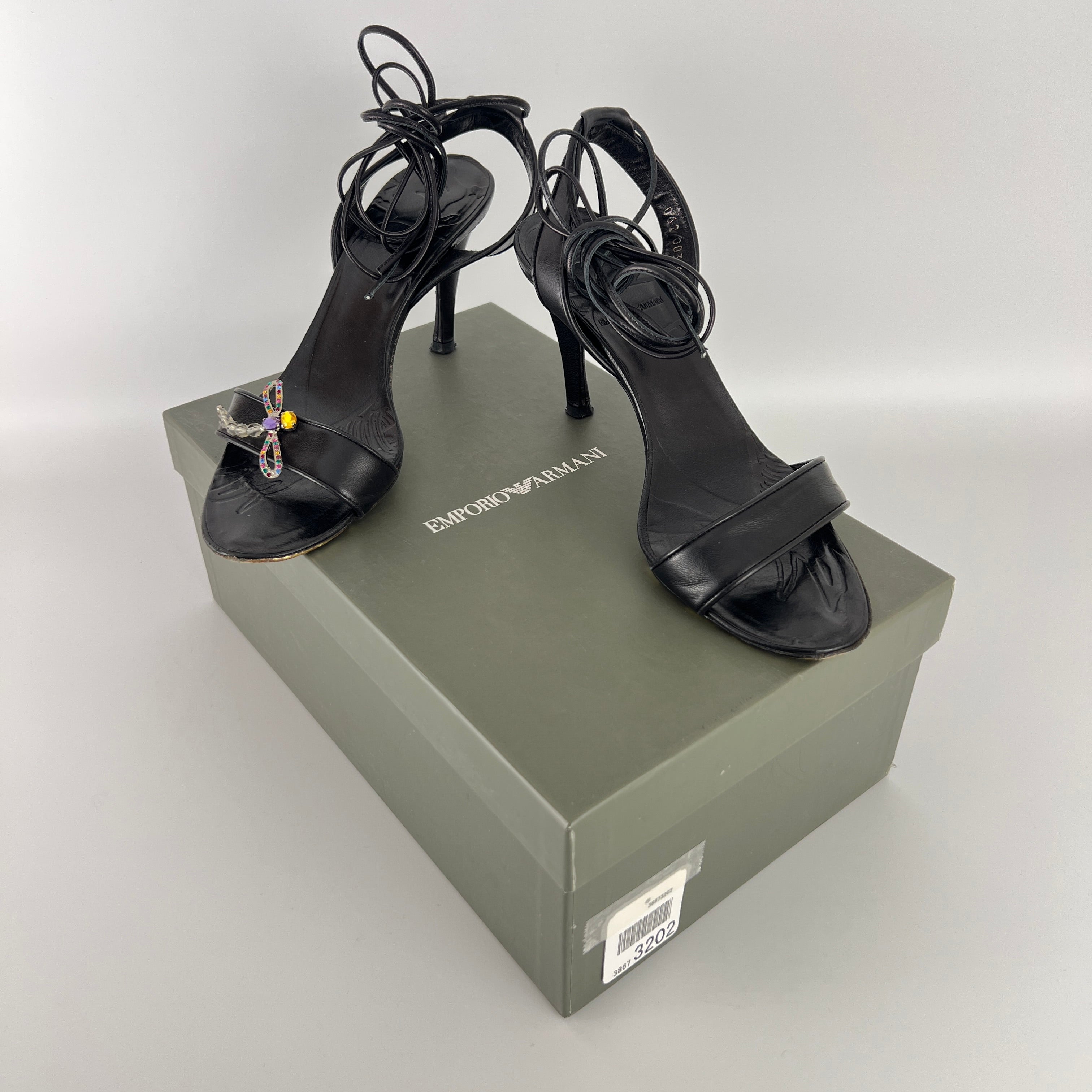 Armani | Black Leather Dragonfly Gem Strappy Lace Up Sandal Heels (35)