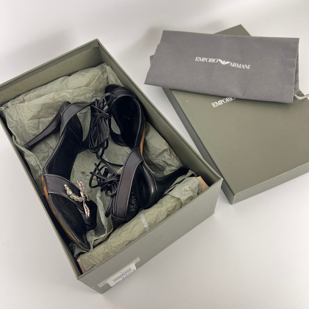 Armani | Black Leather Dragonfly Gem Strappy Lace Up Sandal Heels (35)