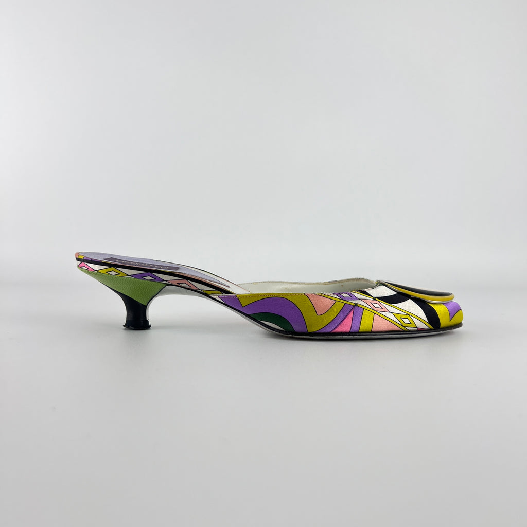 Pucci | Vintage Sphere Hardware Multicolor Yellow Purple Pink Kitten Heel Mules (36)