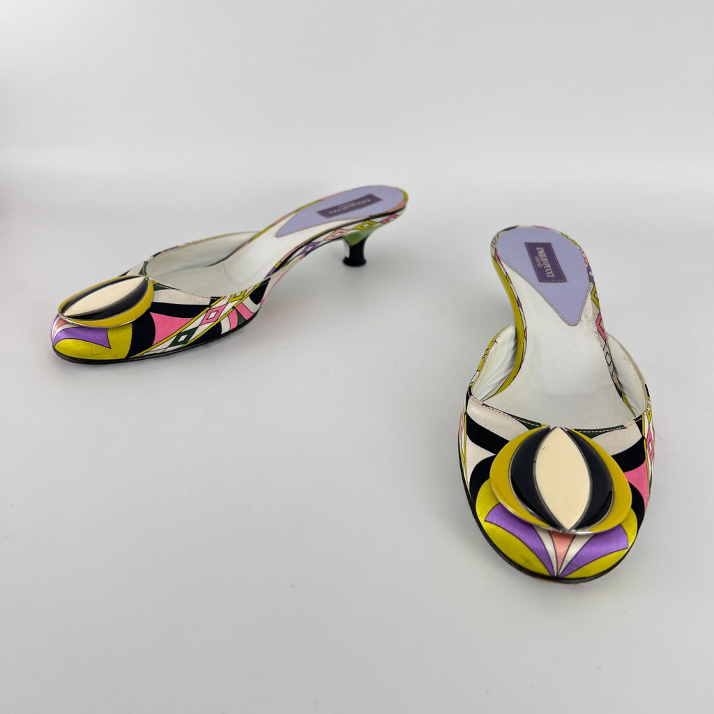 Pucci | Vintage Sphere Hardware Multicolor Yellow Purple Pink Kitten Heel Mules (36)