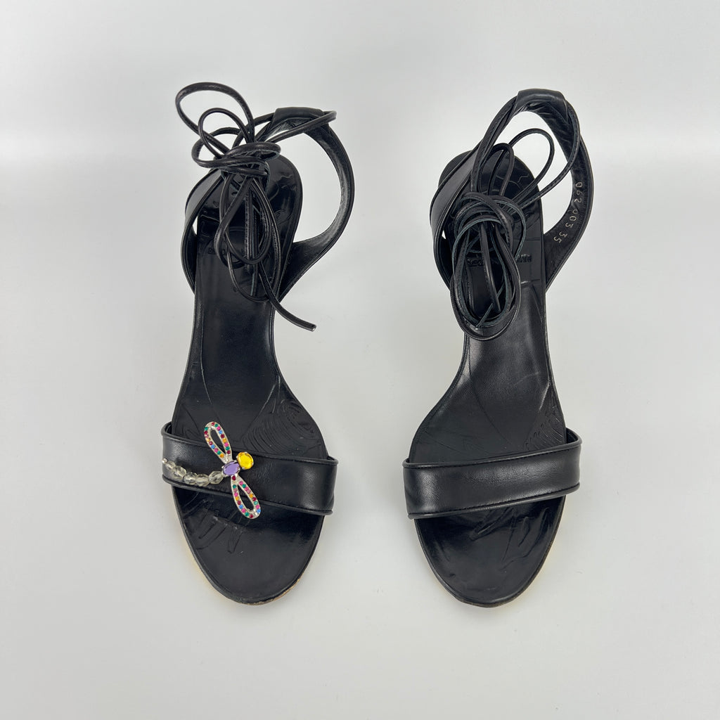 Armani | Black Leather Dragonfly Gem Strappy Lace Up Sandal Heels (35)