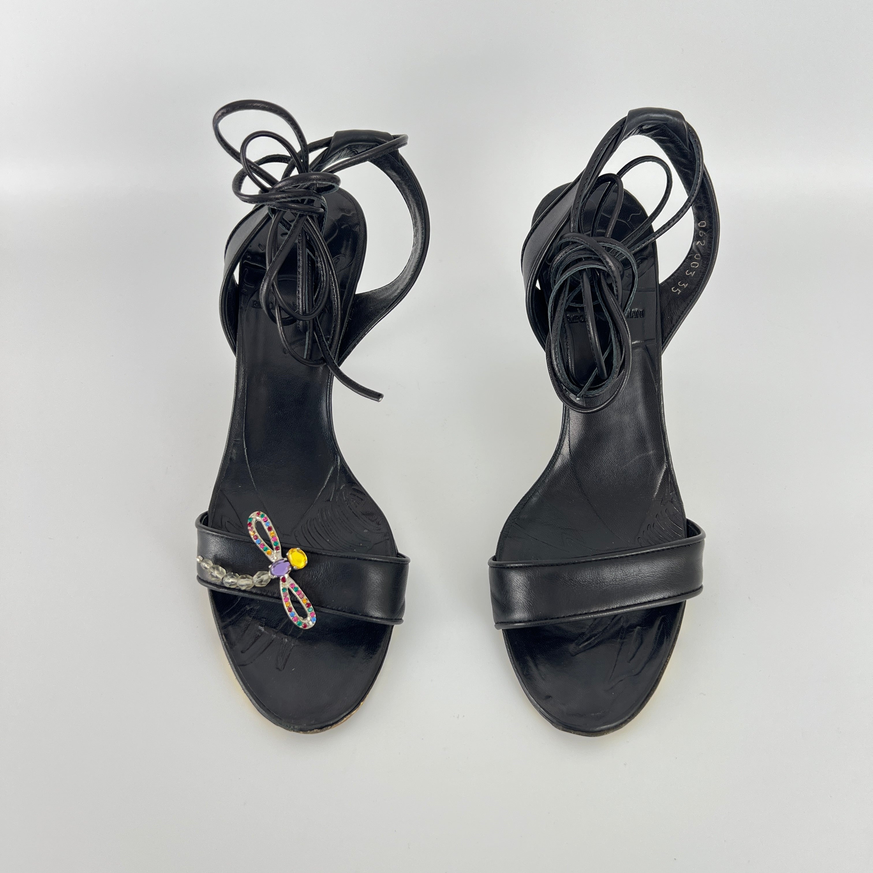 Armani | Black Leather Dragonfly Gem Strappy Lace Up Sandal Heels (35)
