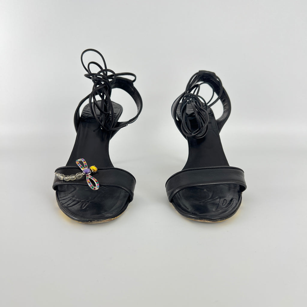 Armani | Black Leather Dragonfly Gem Strappy Lace Up Sandal Heels (35)