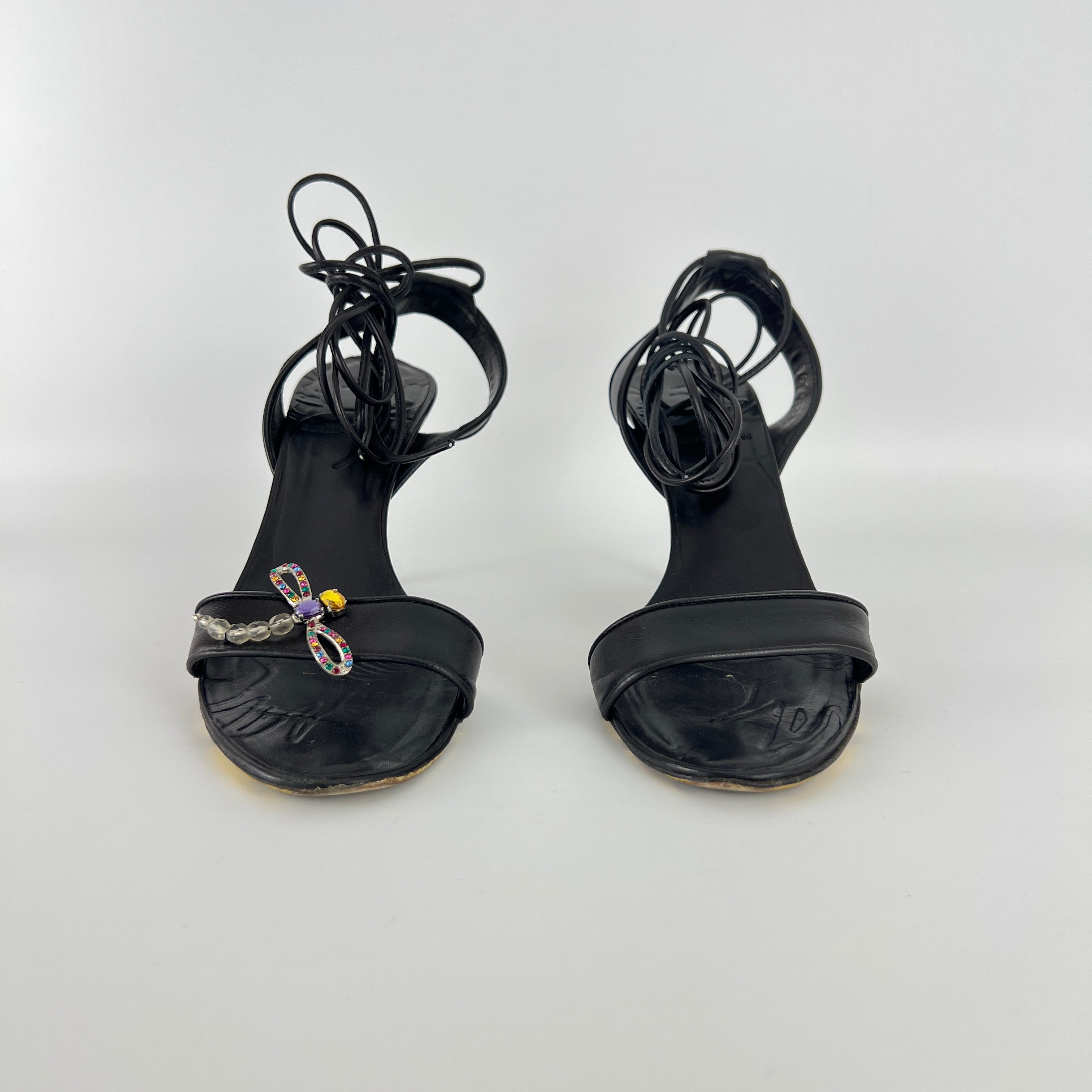 Armani | Black Leather Dragonfly Gem Strappy Lace Up Sandal Heels (35)