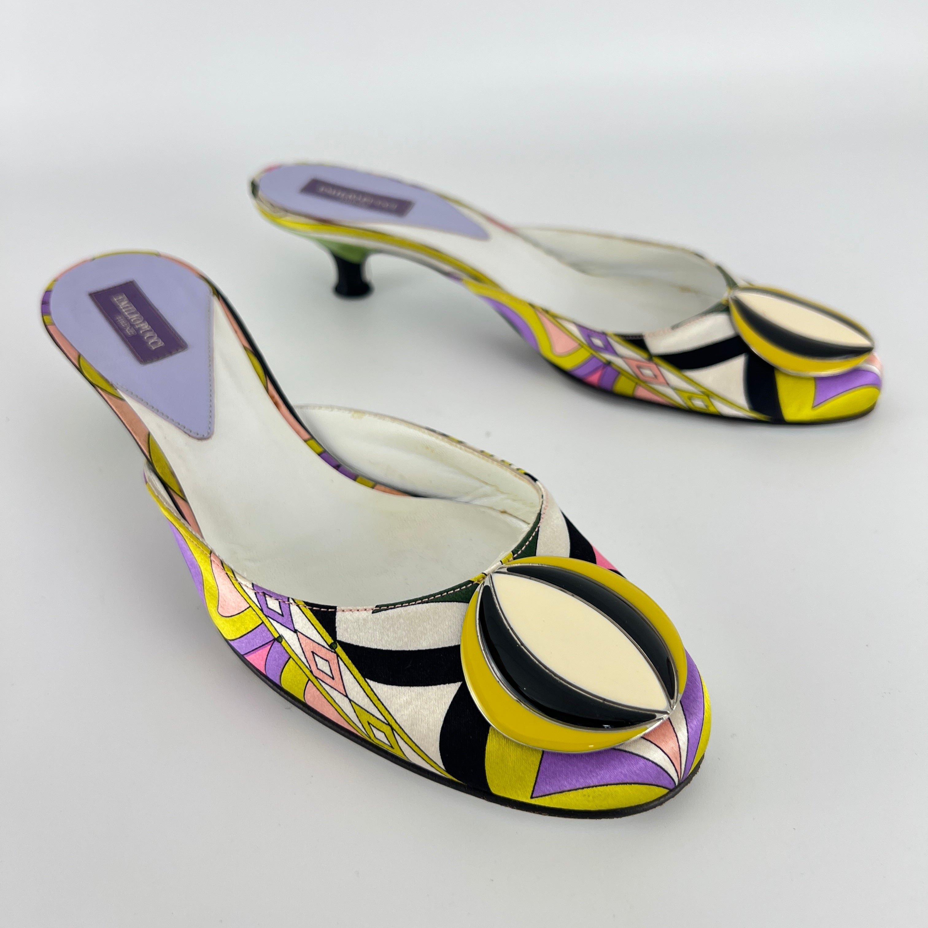Pucci | Vintage Sphere Hardware Multicolor Yellow Purple Pink Kitten Heel Mules (36)