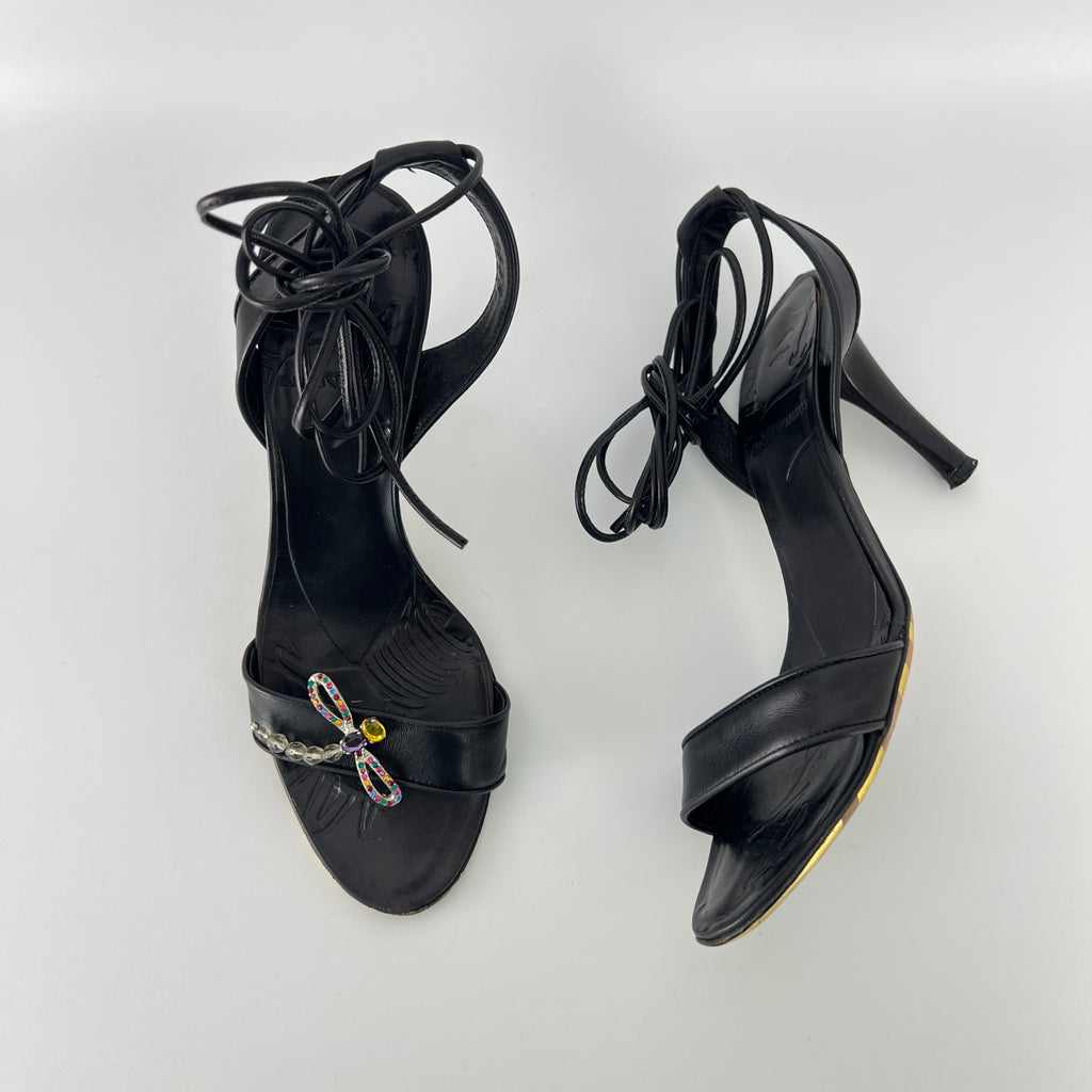Armani | Black Leather Dragonfly Gem Strappy Lace Up Sandal Heels (35)