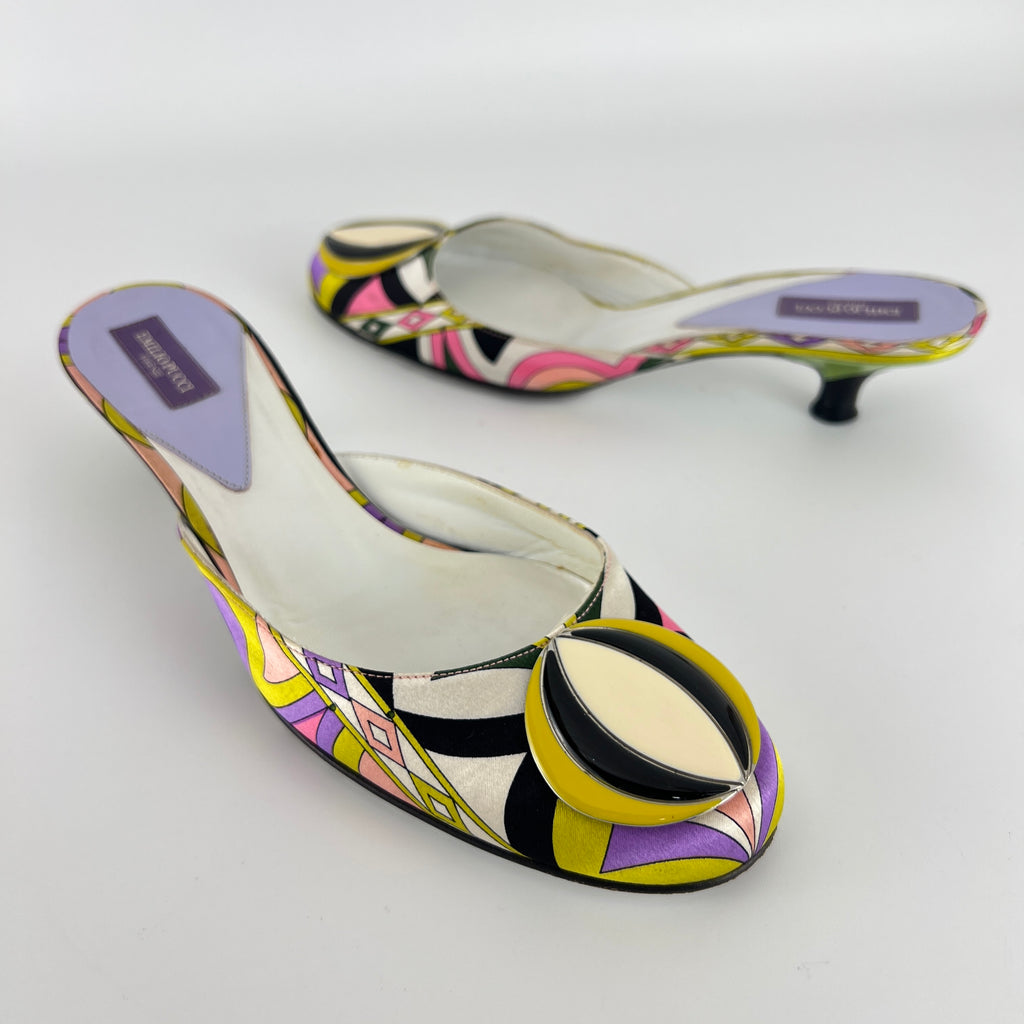 Pucci | Vintage Sphere Hardware Multicolor Yellow Purple Pink Kitten Heel Mules (36)