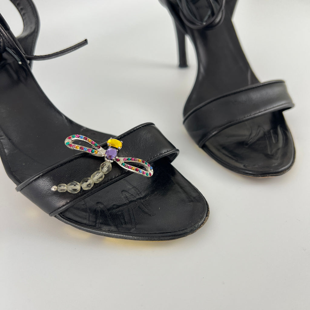 Armani | Black Leather Dragonfly Gem Strappy Lace Up Sandal Heels (35)