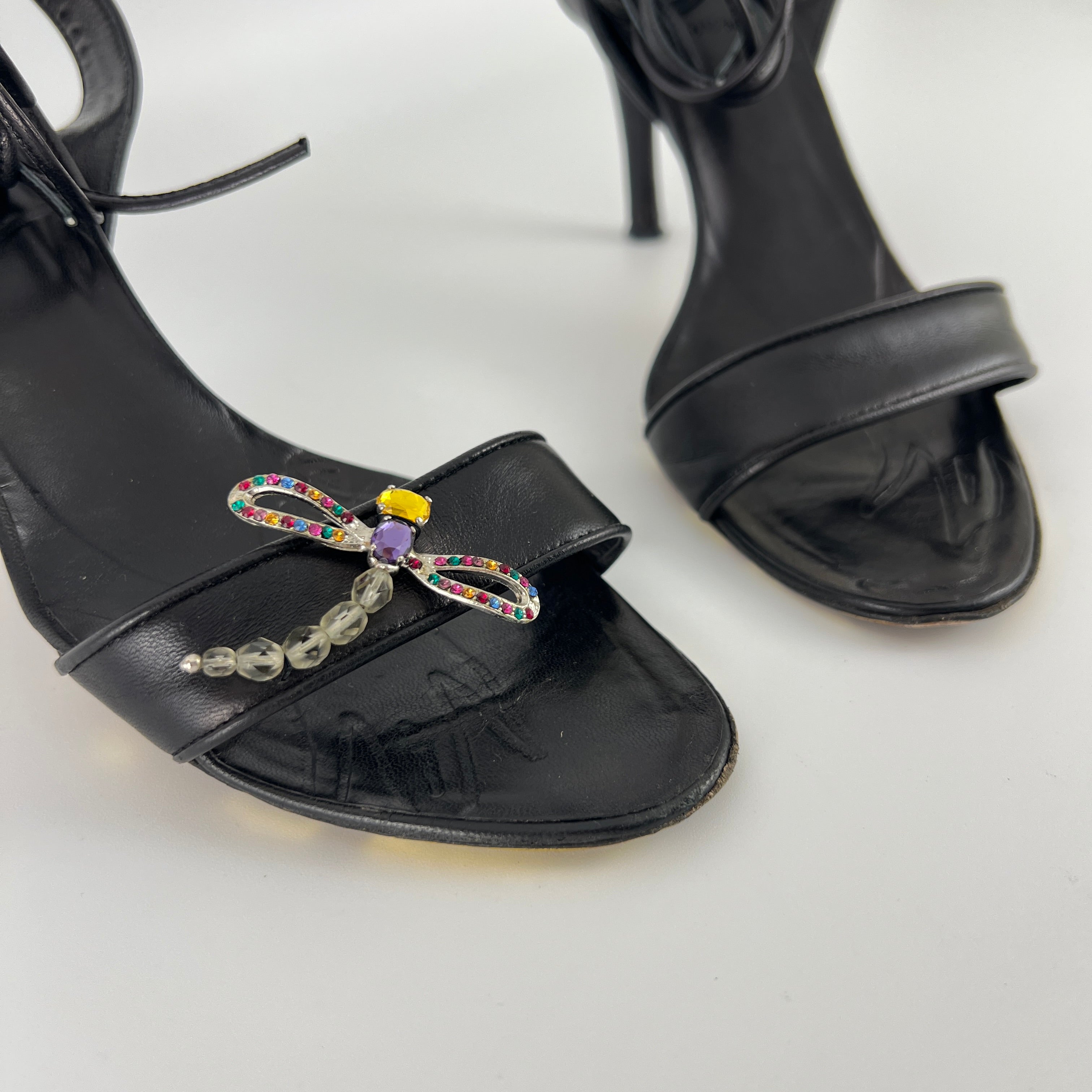Armani | Black Leather Dragonfly Gem Strappy Lace Up Sandal Heels (35)