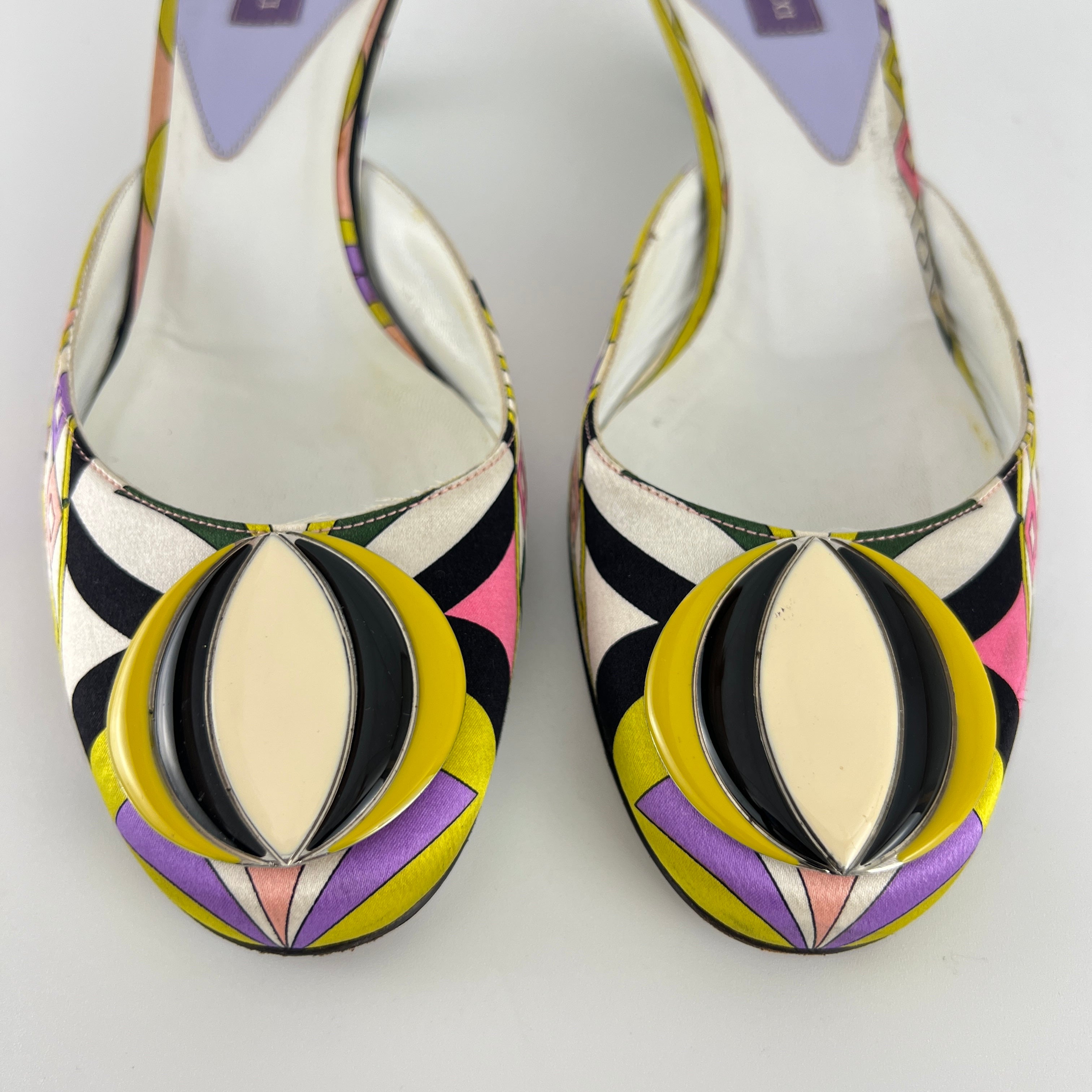 Pucci | Vintage Sphere Hardware Multicolor Yellow Purple Pink Kitten Heel Mules (36)