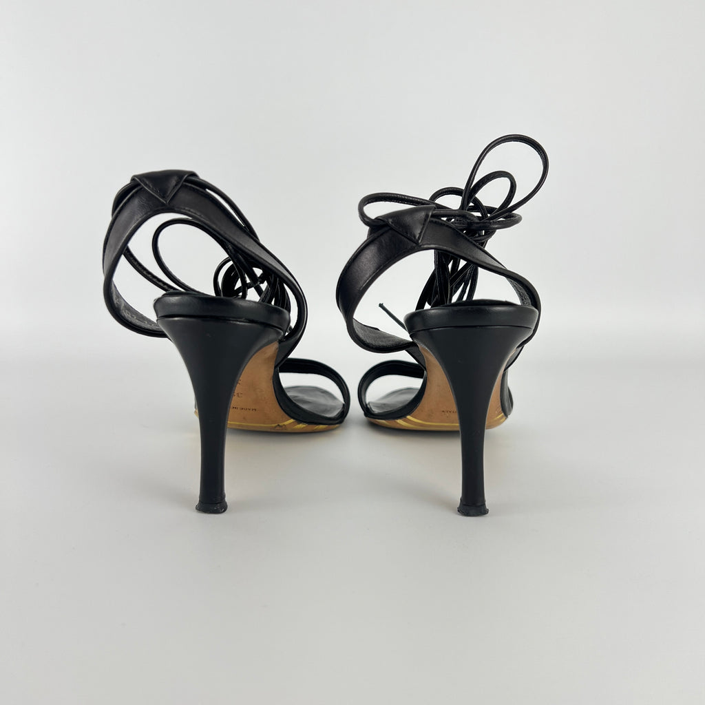 Armani | Black Leather Dragonfly Gem Strappy Lace Up Sandal Heels (35)
