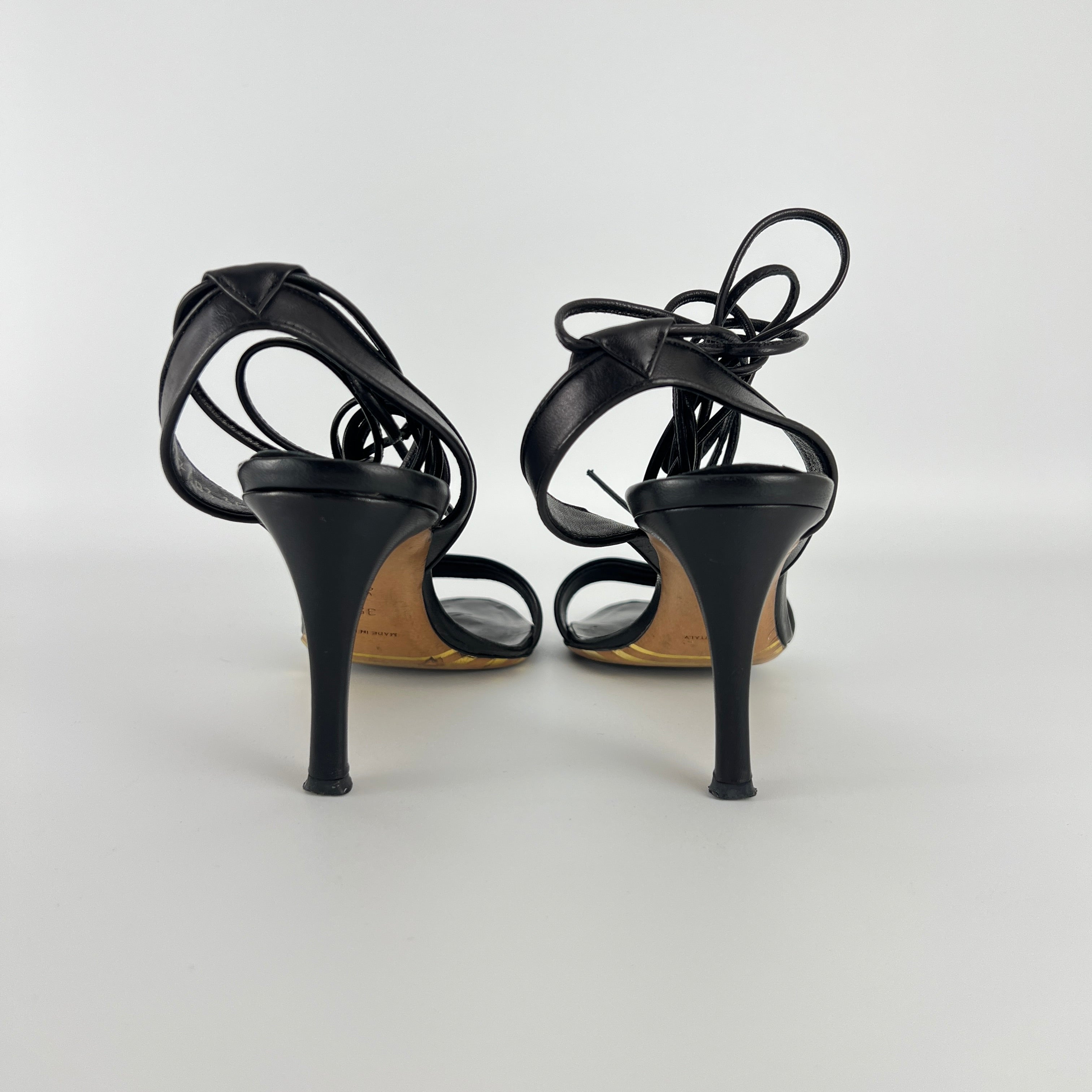Armani | Black Leather Dragonfly Gem Strappy Lace Up Sandal Heels (35)