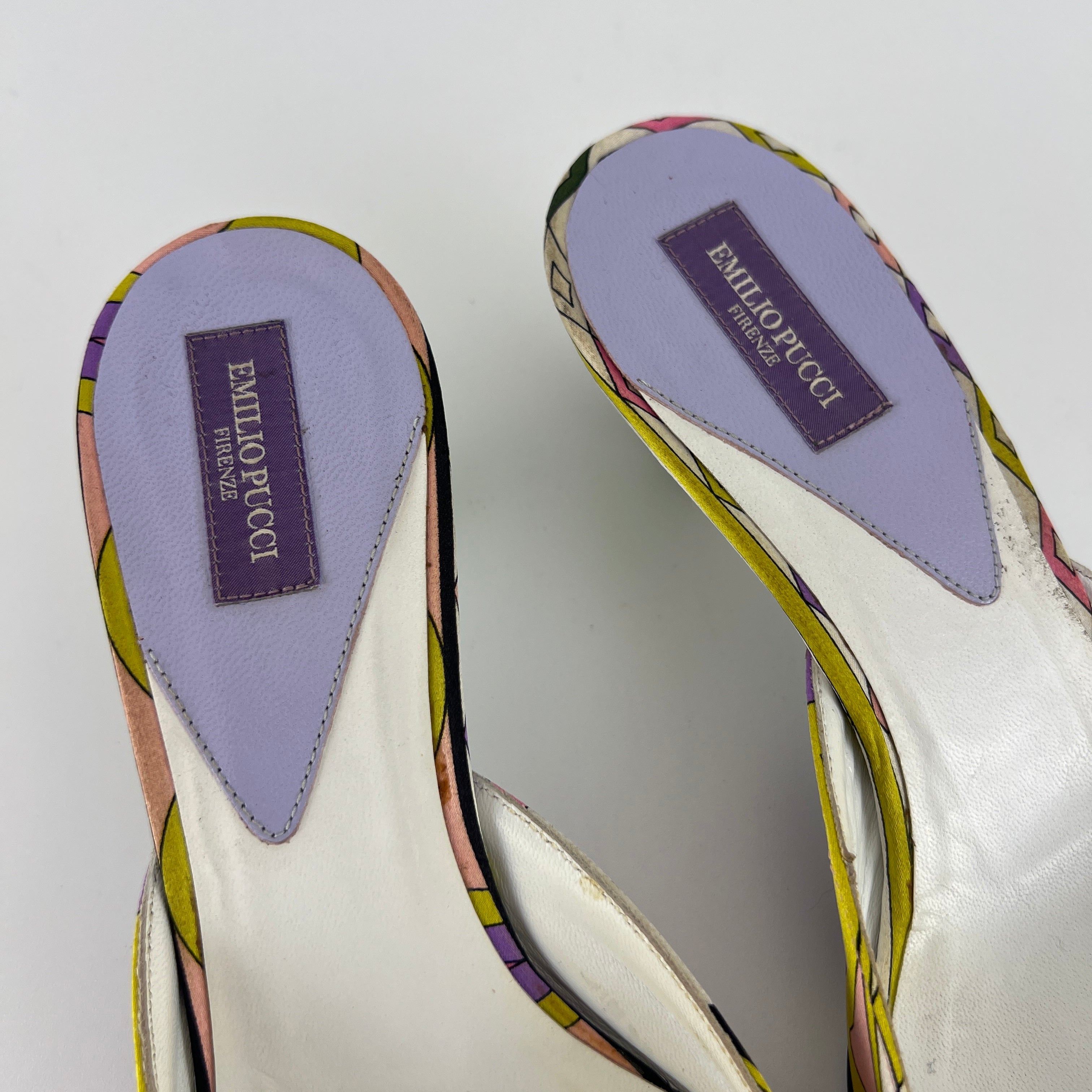 Pucci | Vintage Sphere Hardware Multicolor Yellow Purple Pink Kitten Heel Mules (36)