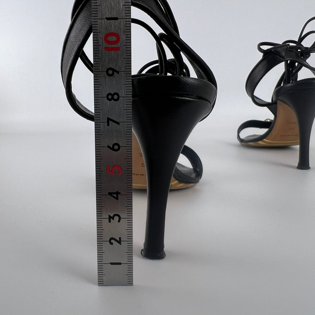 Armani | Black Leather Dragonfly Gem Strappy Lace Up Sandal Heels (35)