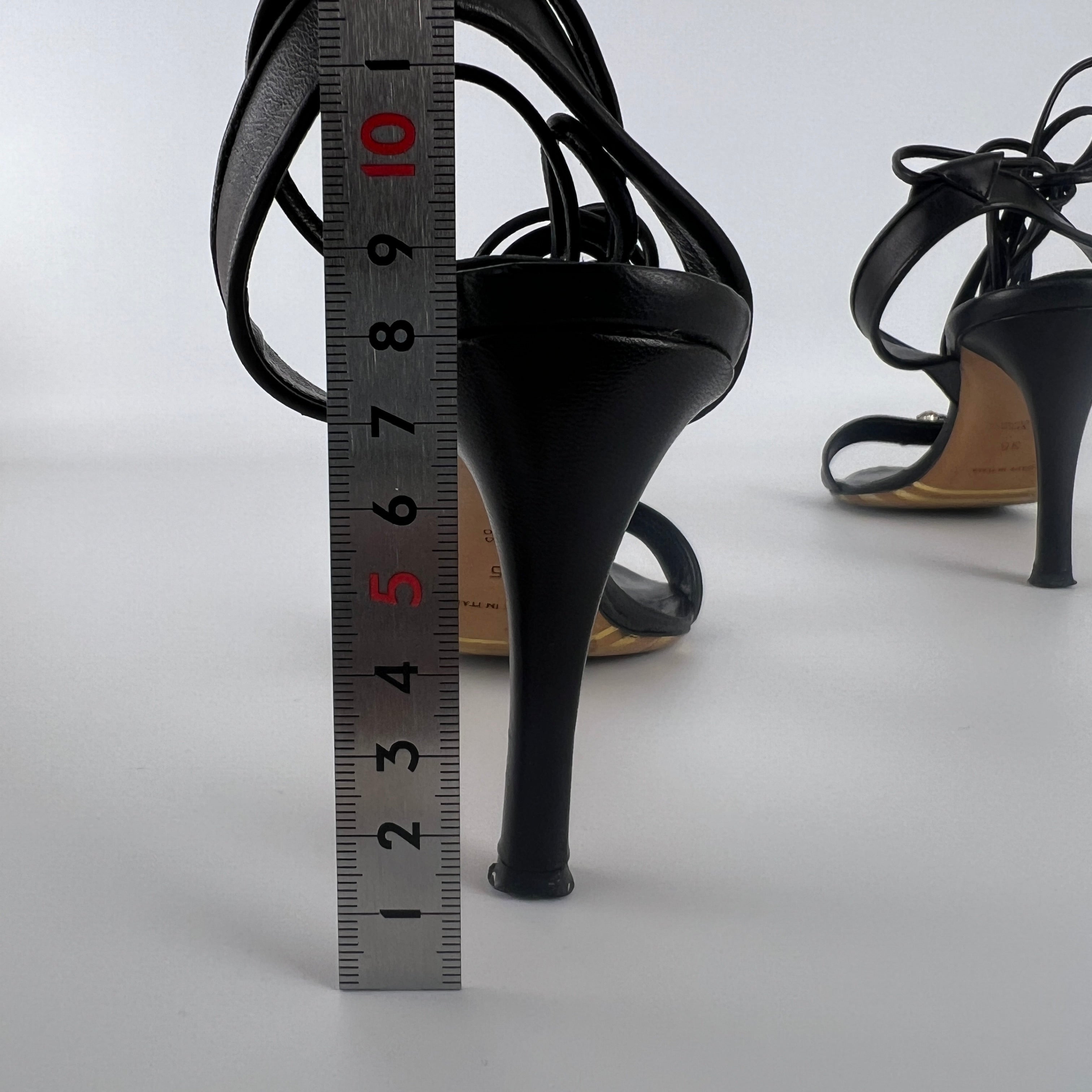 Armani | Black Leather Dragonfly Gem Strappy Lace Up Sandal Heels (35)